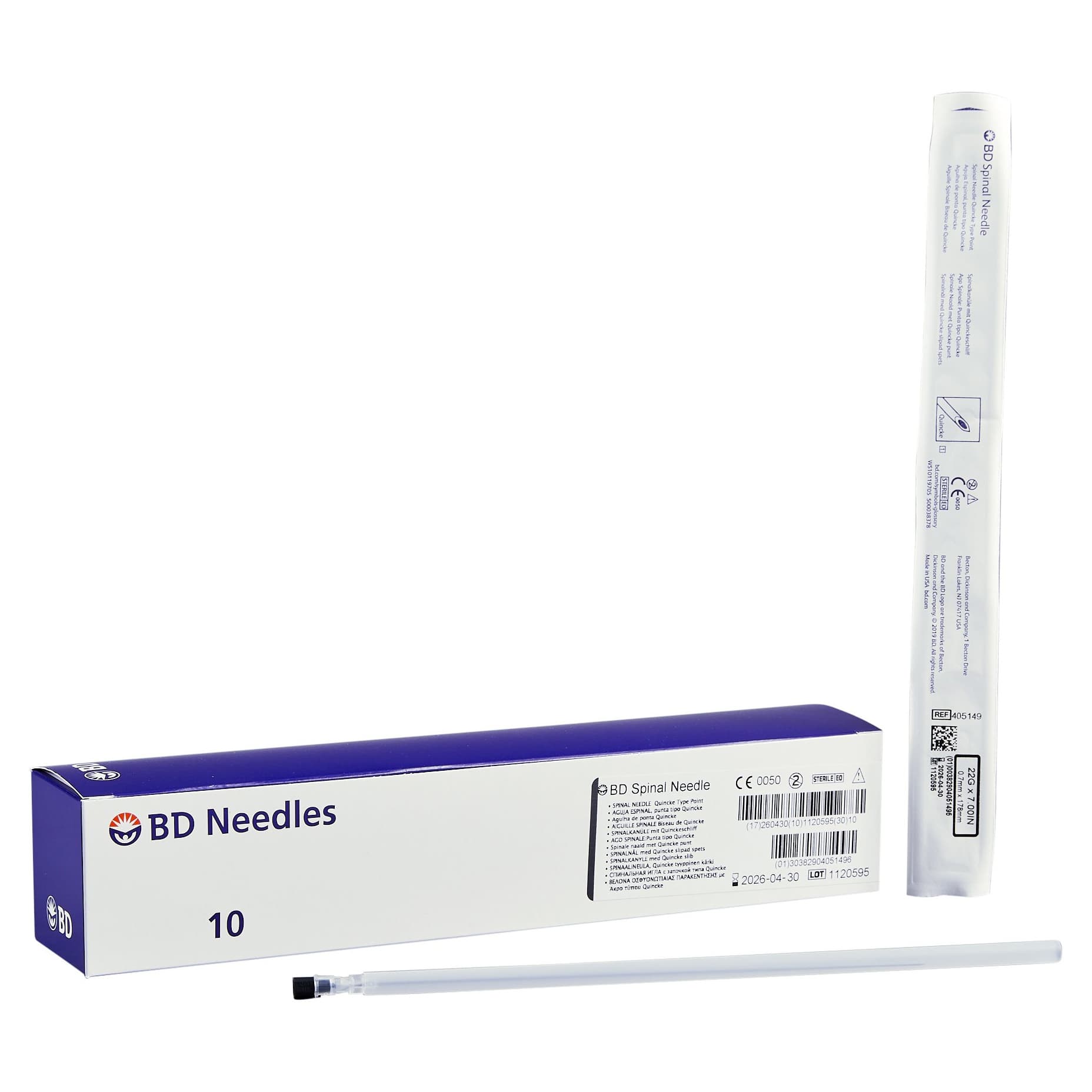 BD Spinal Needle with Quincke Style Stylet, 22 Gauge, 7 Inch - Box of 10 - Image 1