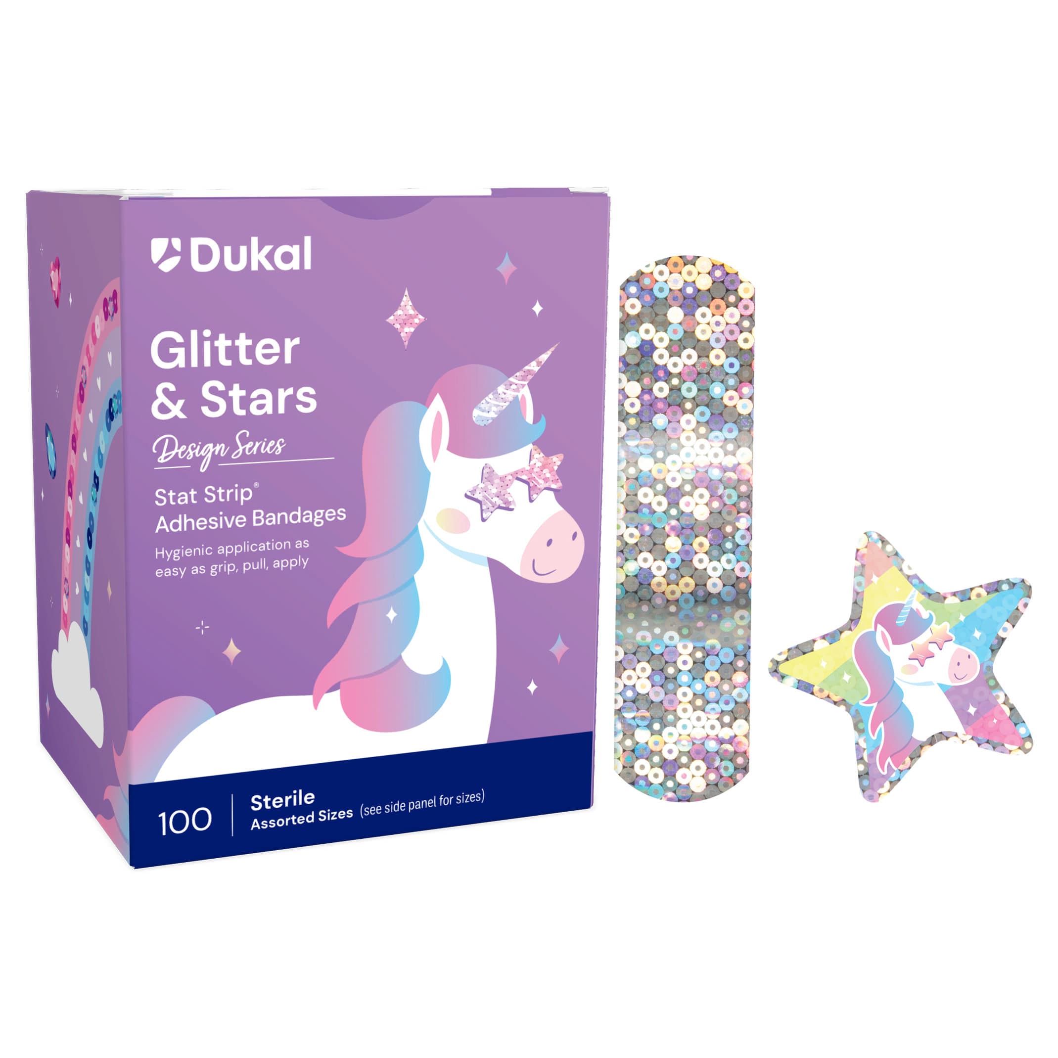 Dukal Glitter & Stars Adhesive Bandages with Stat Strip, 3/4 x 3 Inch - Case of 1200 - Image 1