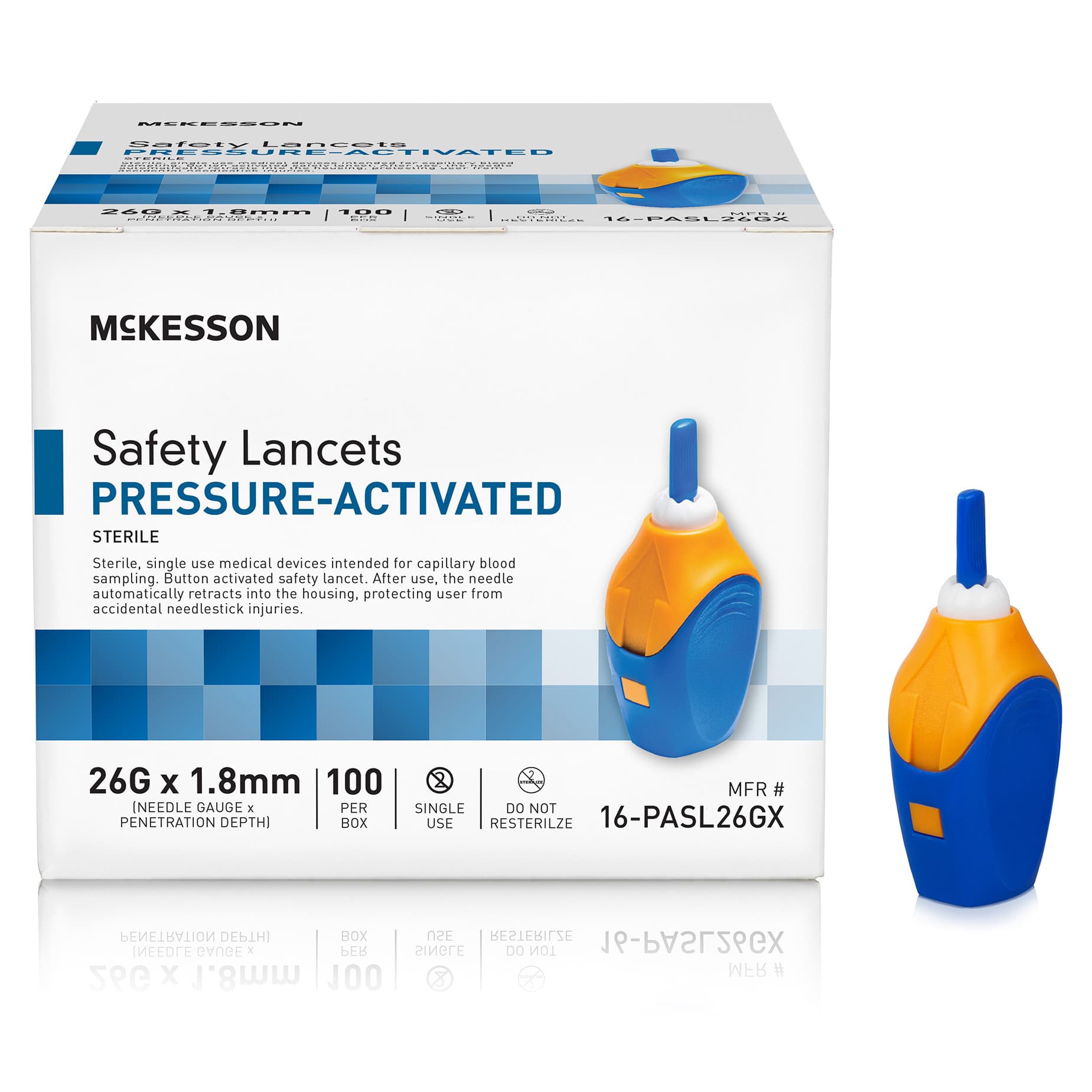 McKesson Brand Safety Lancet Pressure Activated 1.8 mm Depth Needle Sterile, Blue, 26 Gauge - Box of 100 - Image 1