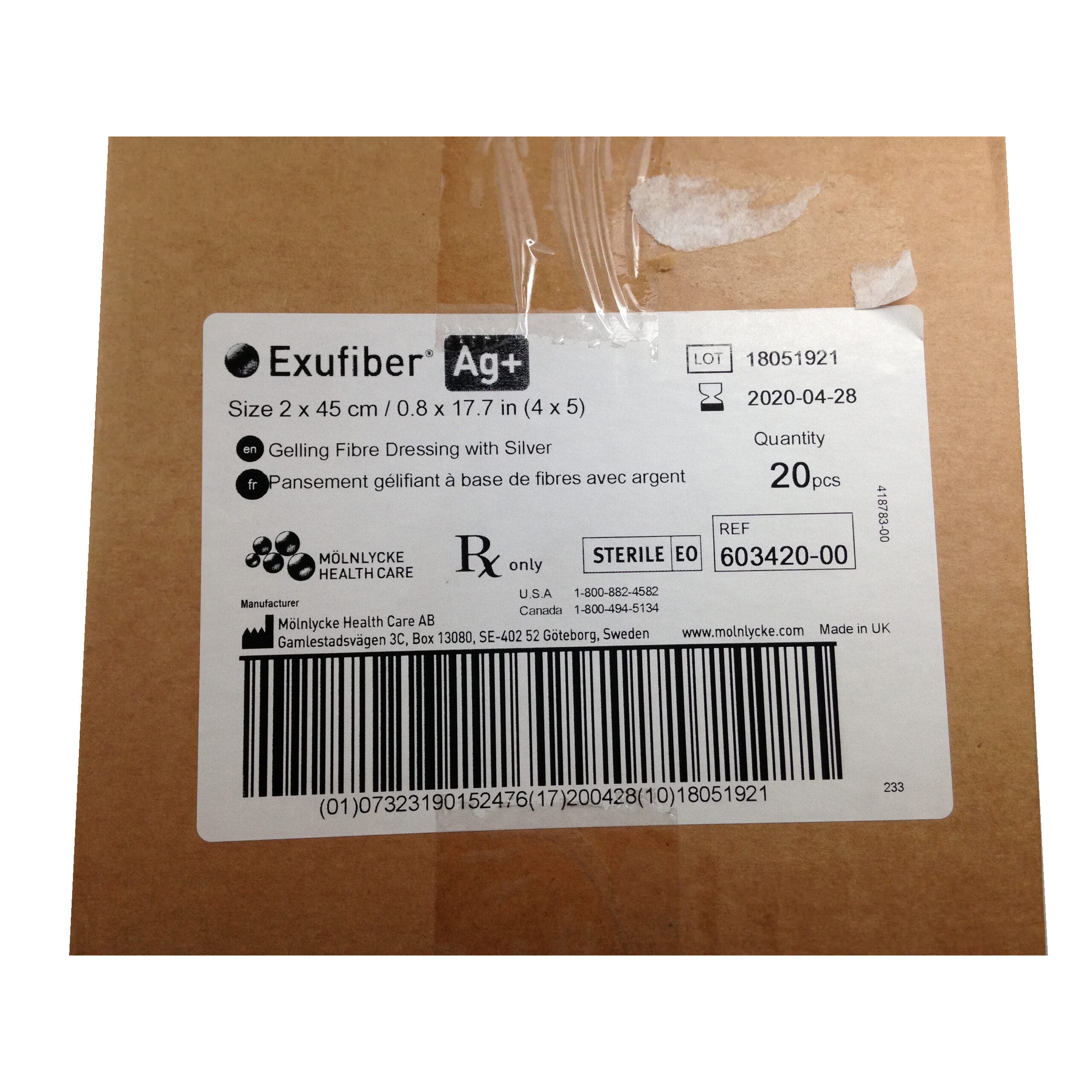 Exufiber Ag+ Antimicrobial Gelling Fiber Dressing, 0.8 x 17.7 Inch Rope - Case of 20 - Image 1