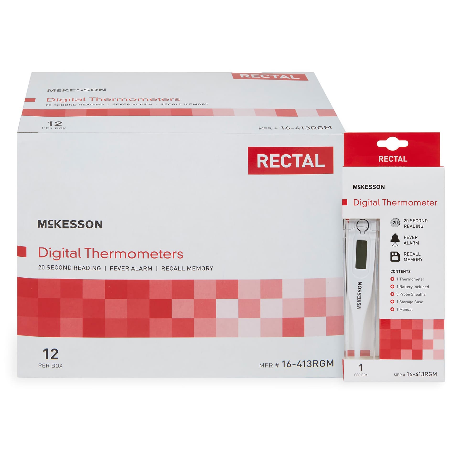 McKesson Digital Stick Thermometer 30 Second Response, Digital Display, Rectal Probe - Box of 12 - Image 1