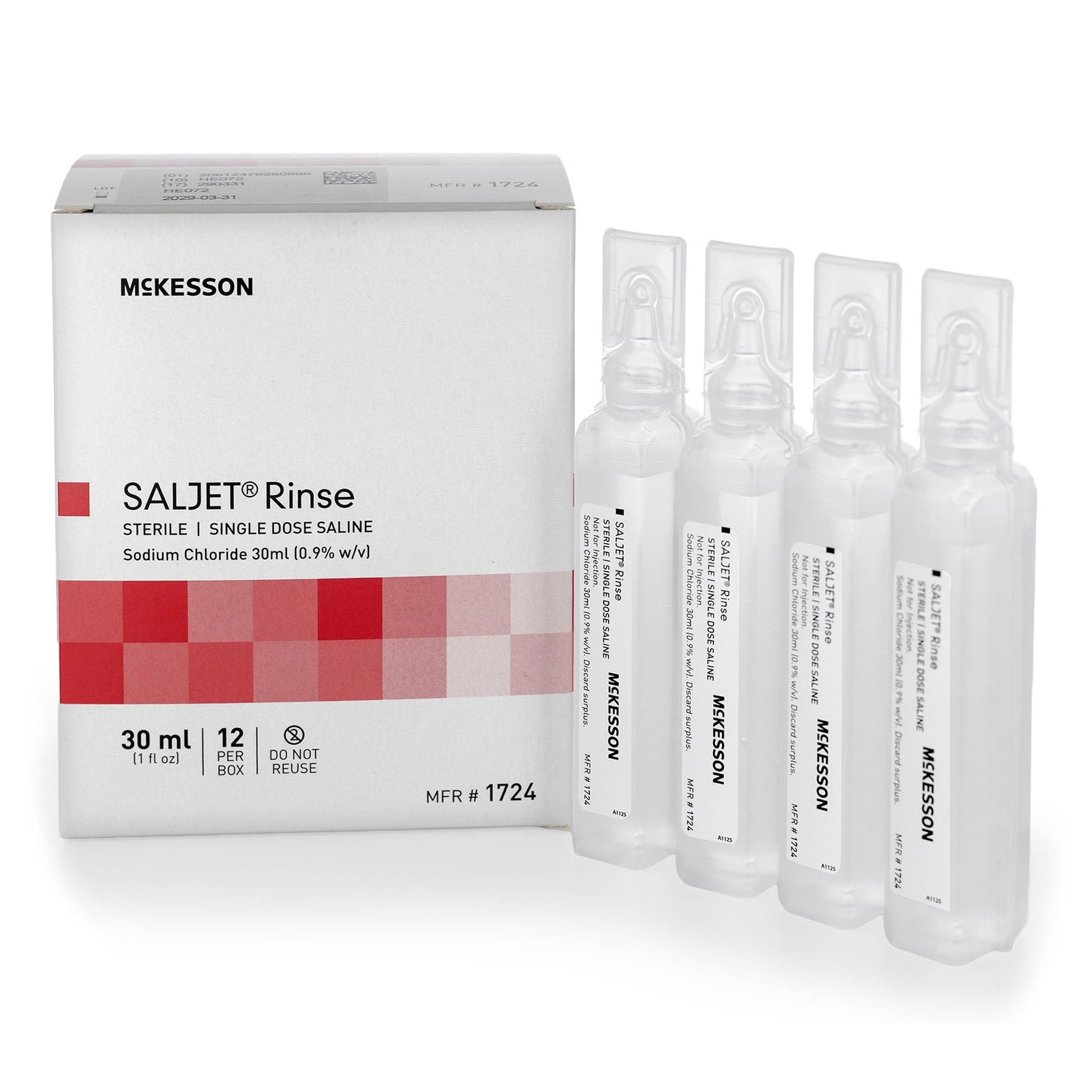 McKesson Saljet 0.9% Sodium Chloride Irrigation Solution, Unit Dose Vial, 30 ml - Box of 12 - Image 1
