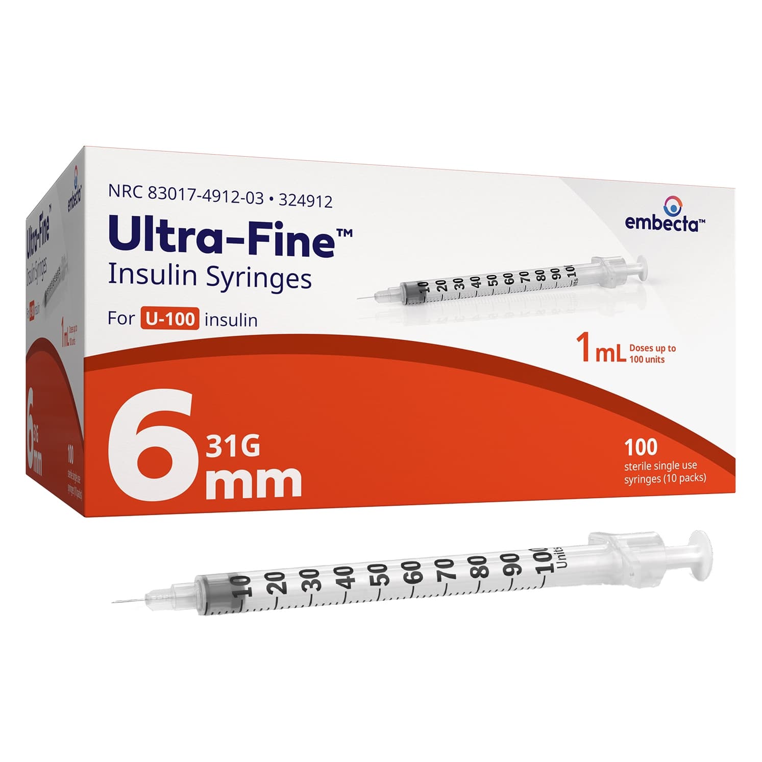 Embecta Ultra-Fine Insulin Syringes, 31 Gauge, 6 mm, 1 ml - Box of 100 - Image 1