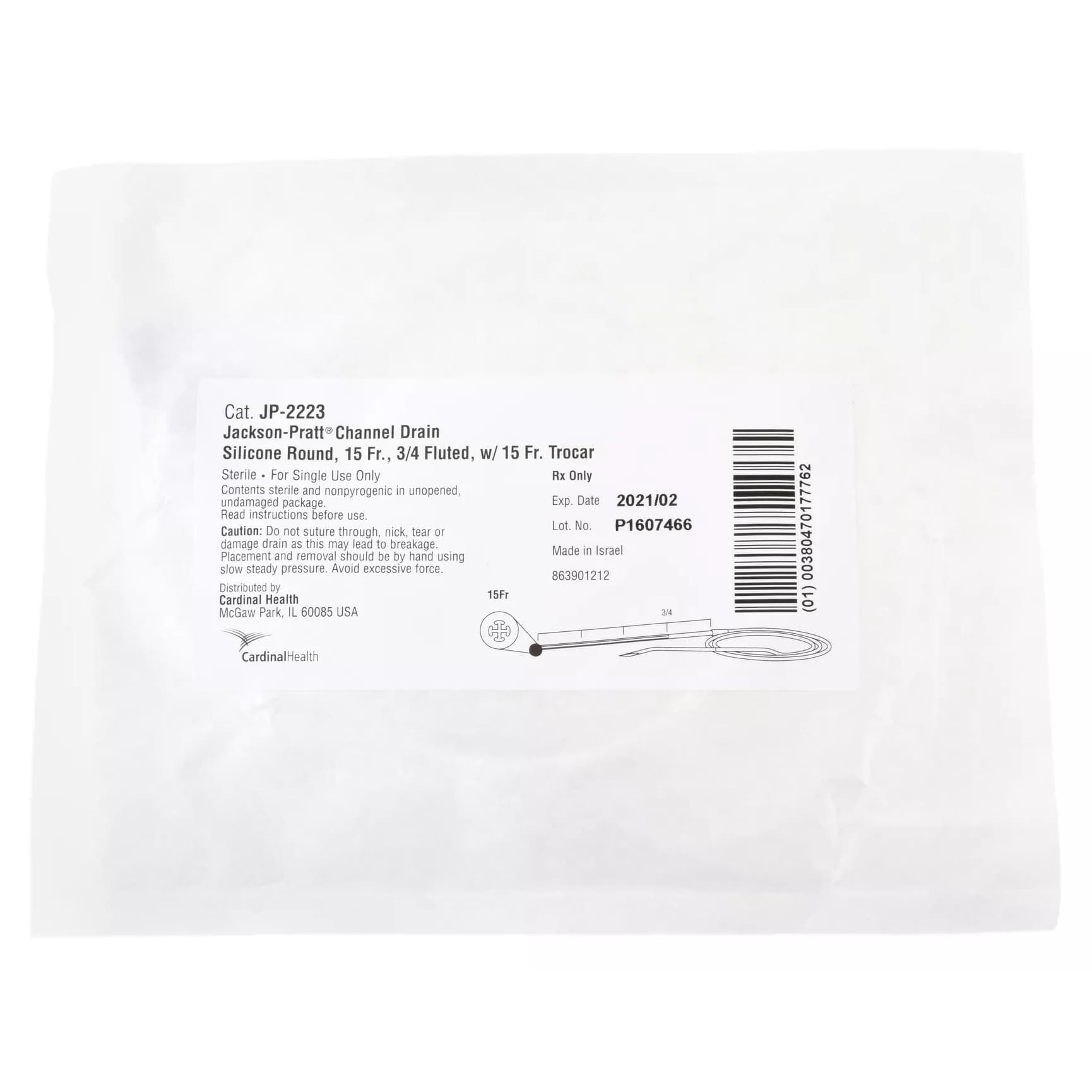 Jackson-Pratt 4 Channel Silicone Round Drain Tube, 3/4 Fluted with Trocar, 15Fr. - Box of 10 - Image 1