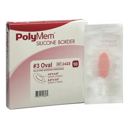 PolyMem Oval Shape Silicone Border Foam Dressing, 2 x 3 Inch - Box of 10 - Image 1