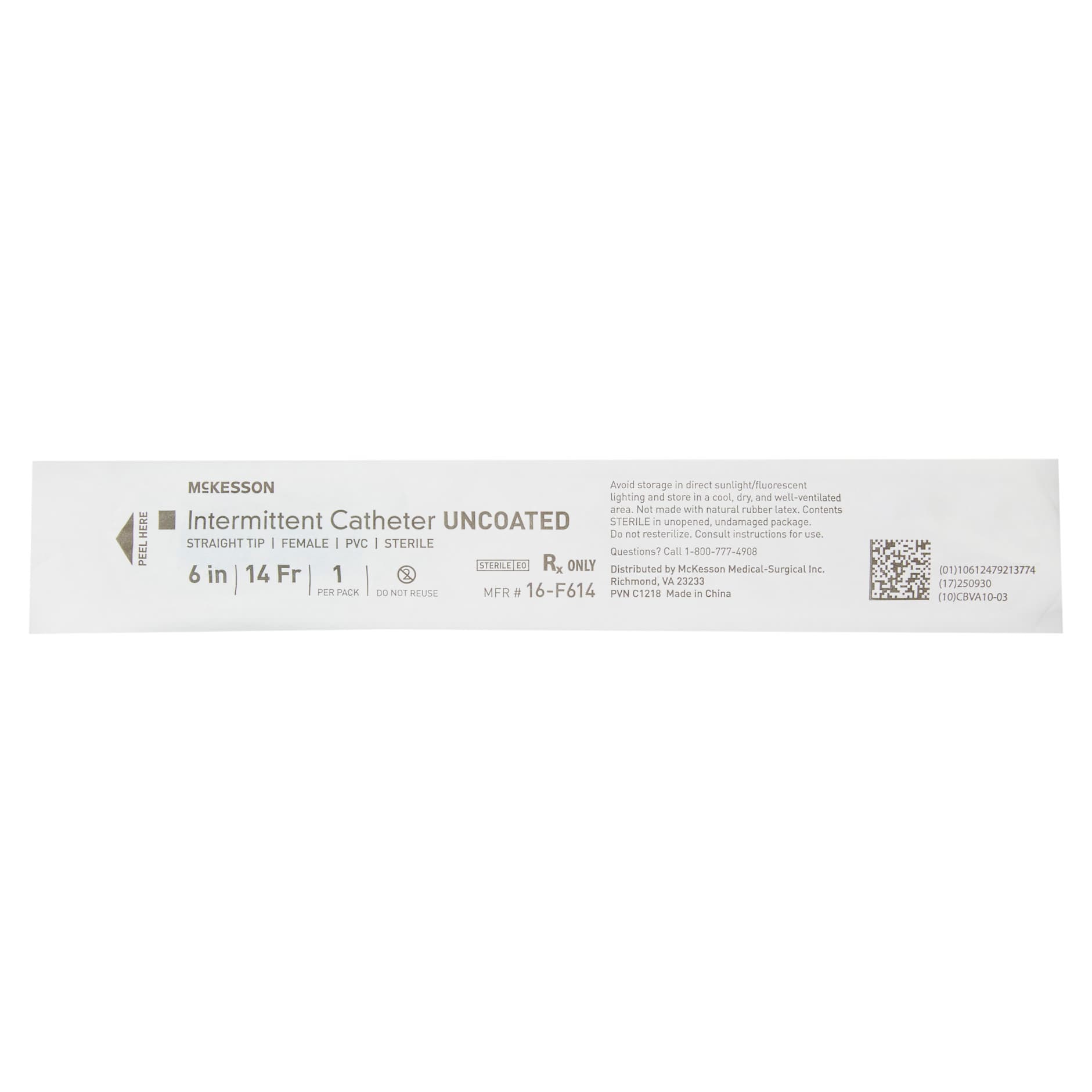 McKesson Uncoated PVC Urethral Catheter, Female, 14 Fr, 6 Inch - Each - Image 1