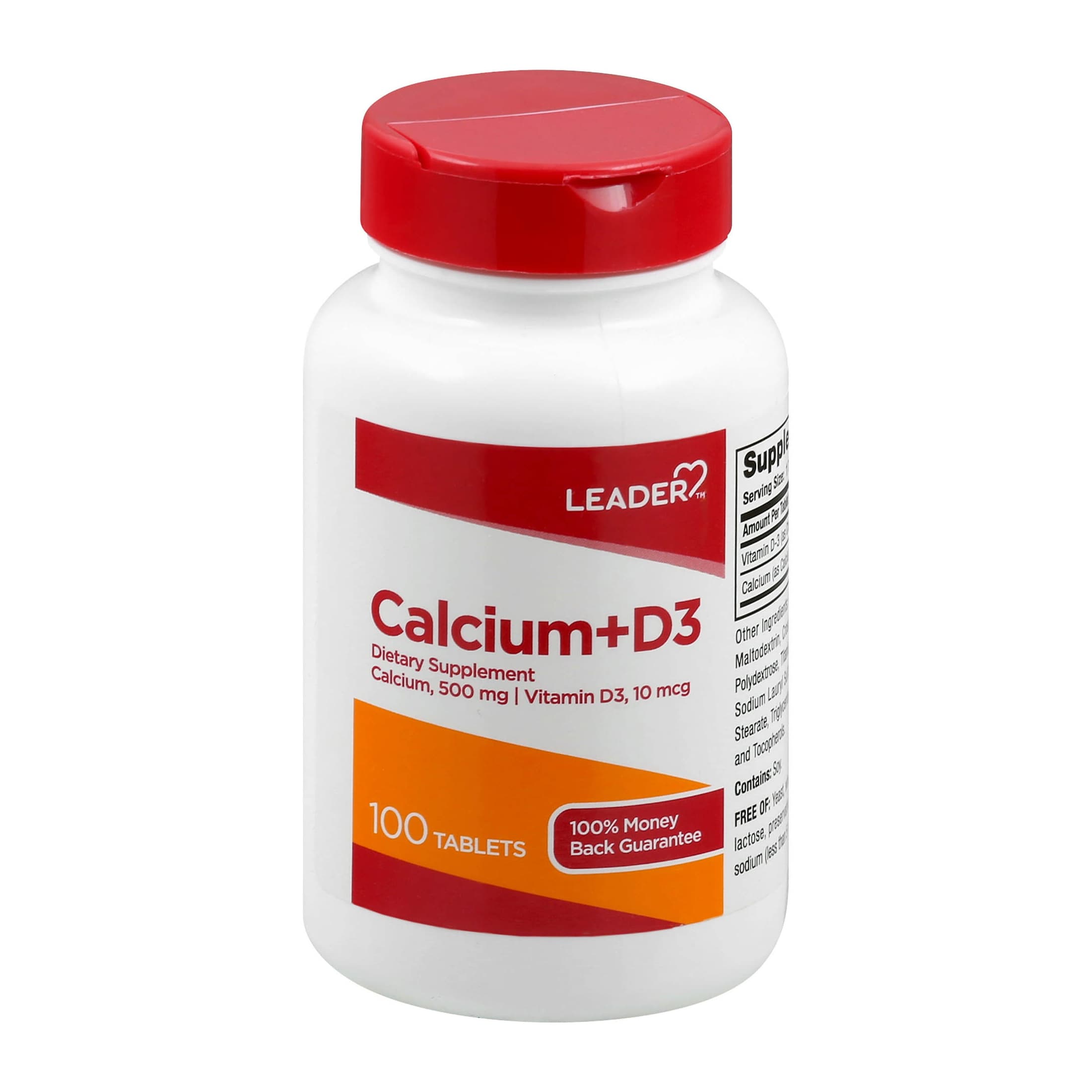 Leader Calcium Vitamin 500 mg + D3 10 mcg - Bottle of 100