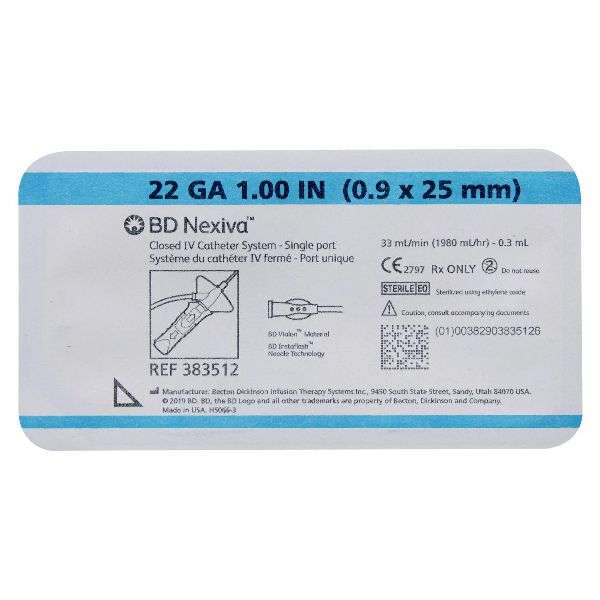 BD Nexiva Closed IV Catheter System, with Single Port, 22GA OD, 1" Blue - Each - Image 1