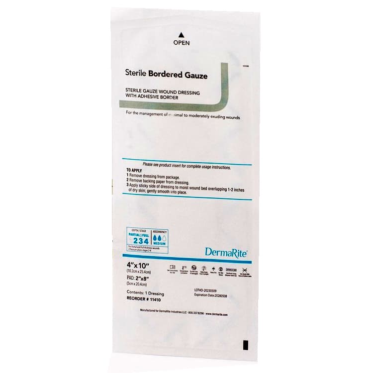 DermaRite Sterile Bordered Gauze Dressing with Adhesive Border, 4 X 10 Inch - Each - Image 1