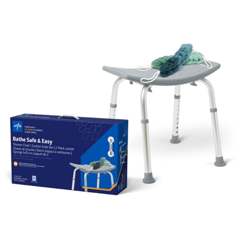 Medline Shower Chair w/o Back, Suction Grab Bar & 2-Pack Loofah