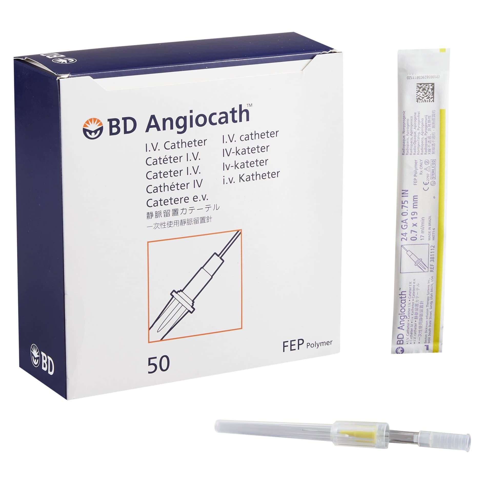 BD Angiocath Peripheral IV Catheter, Stright Hub, Yellow, 24 Gauge, 0.75 Inch - Case of 200 - Image 1