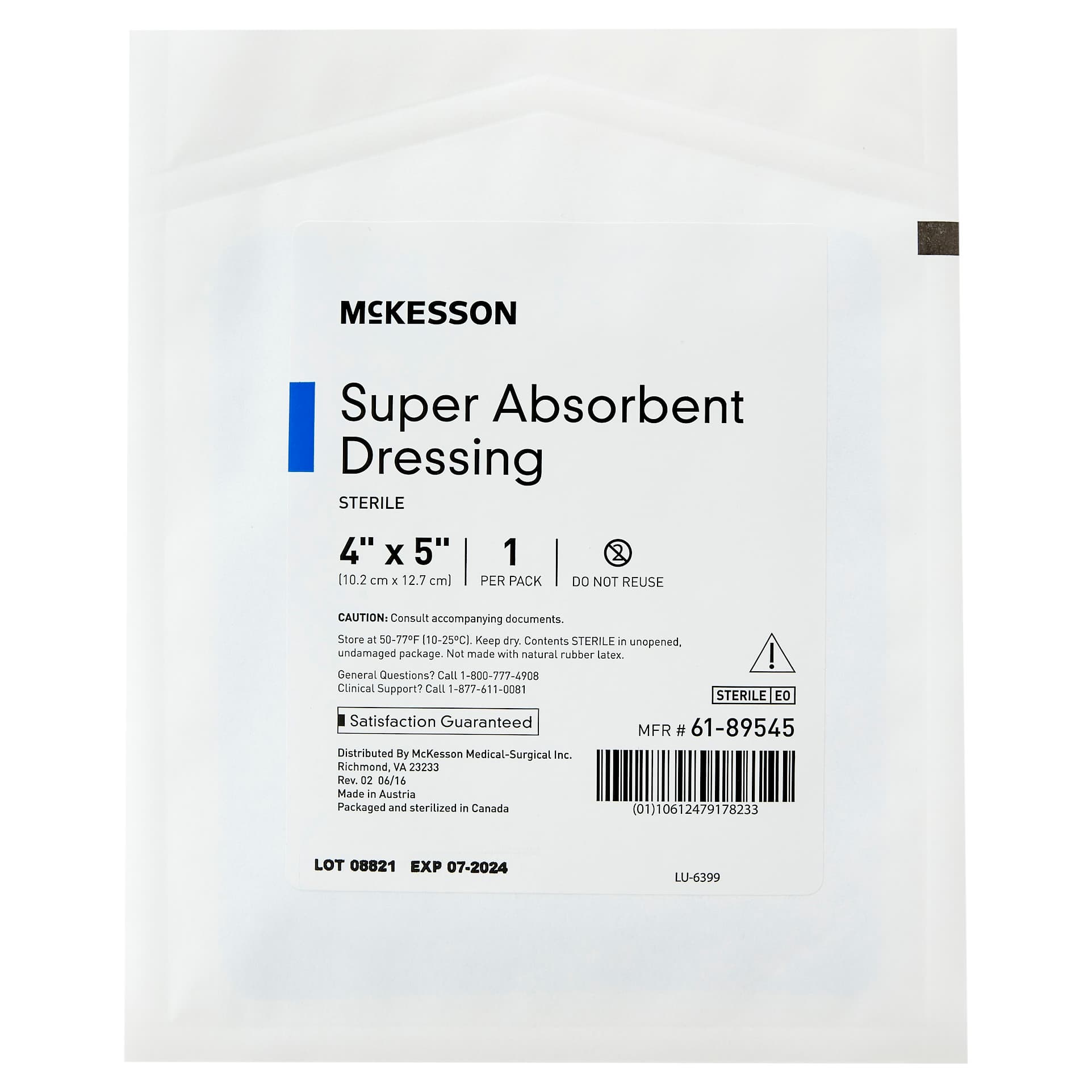 McKesson Super Absorbent Dressing Polypropylene Backing Blue White Rectangle Sterile, 4 X 5 Inch - Each - Image 1