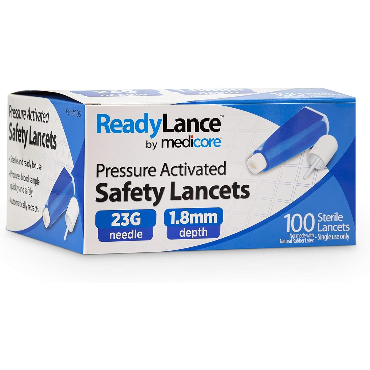 ReadyLance Pressure Activated Safety Lancet, Blue, 23 Gauge - Box of 100 - Image 1