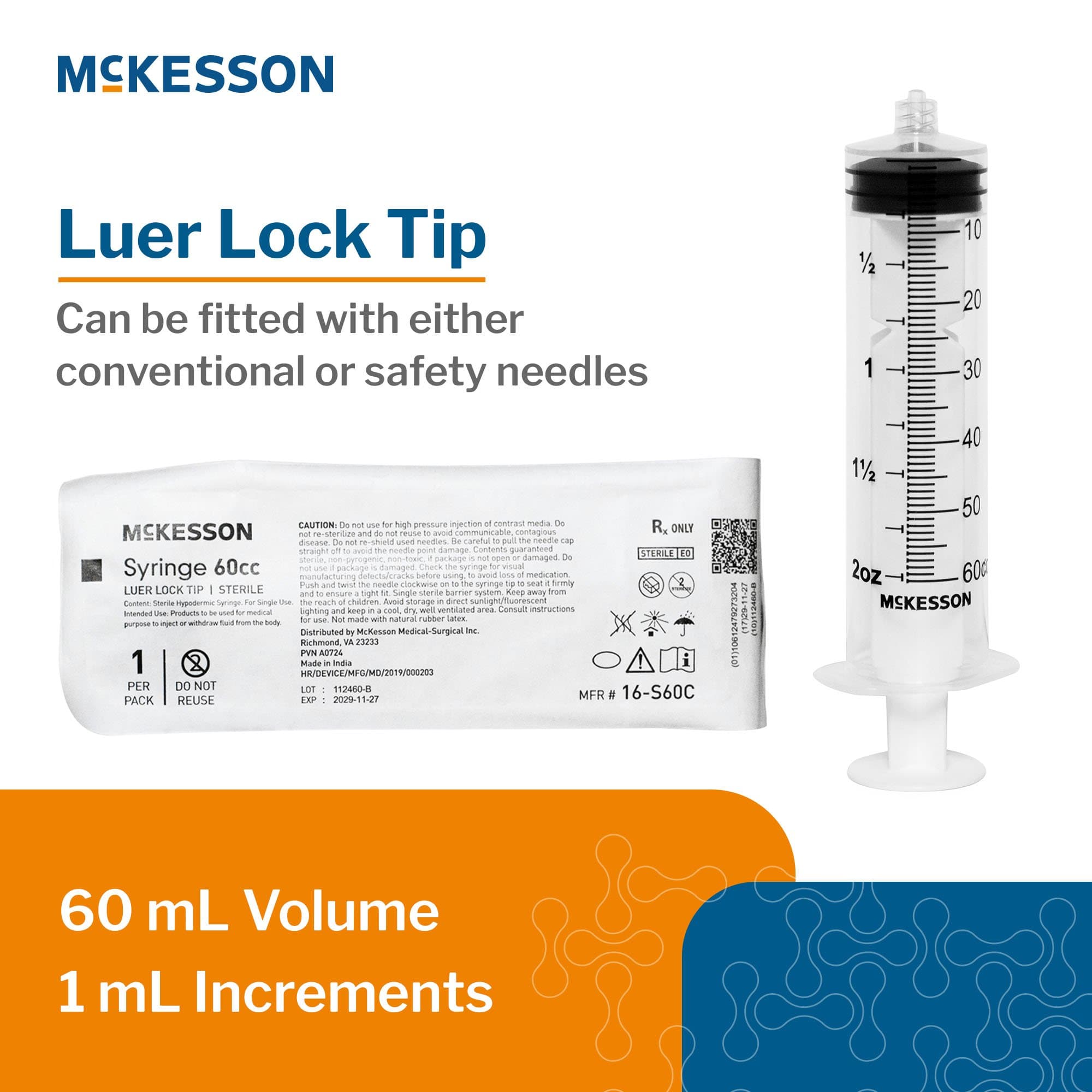 McKesson General Purpose Syringe, Luer Lock Tip, 60 mL - Box of 25 - Image 1
