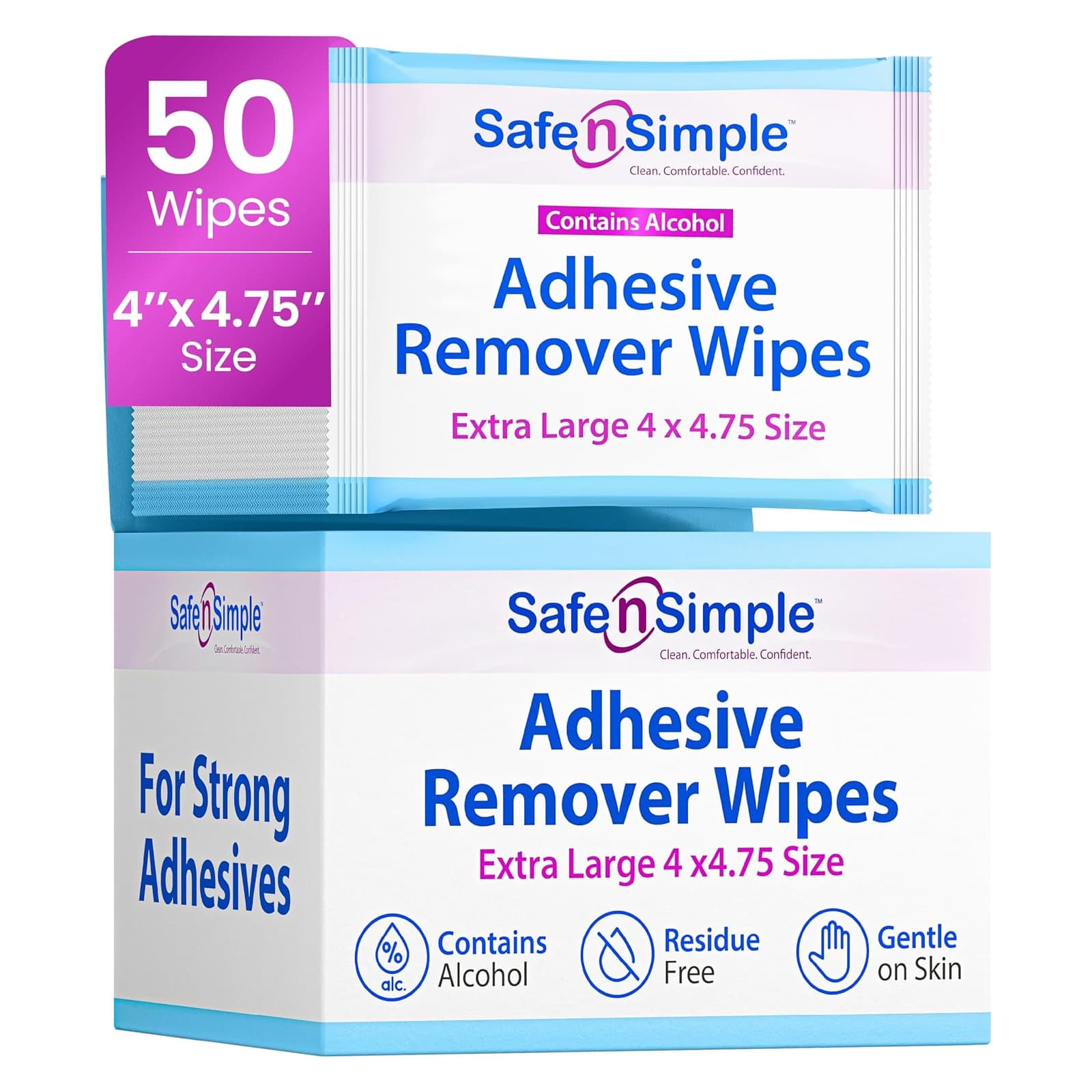 Safe N Simple Extra Large Adhesive Remover Wipe, 4" x 4-3/4" - Box of 50 - Image 1