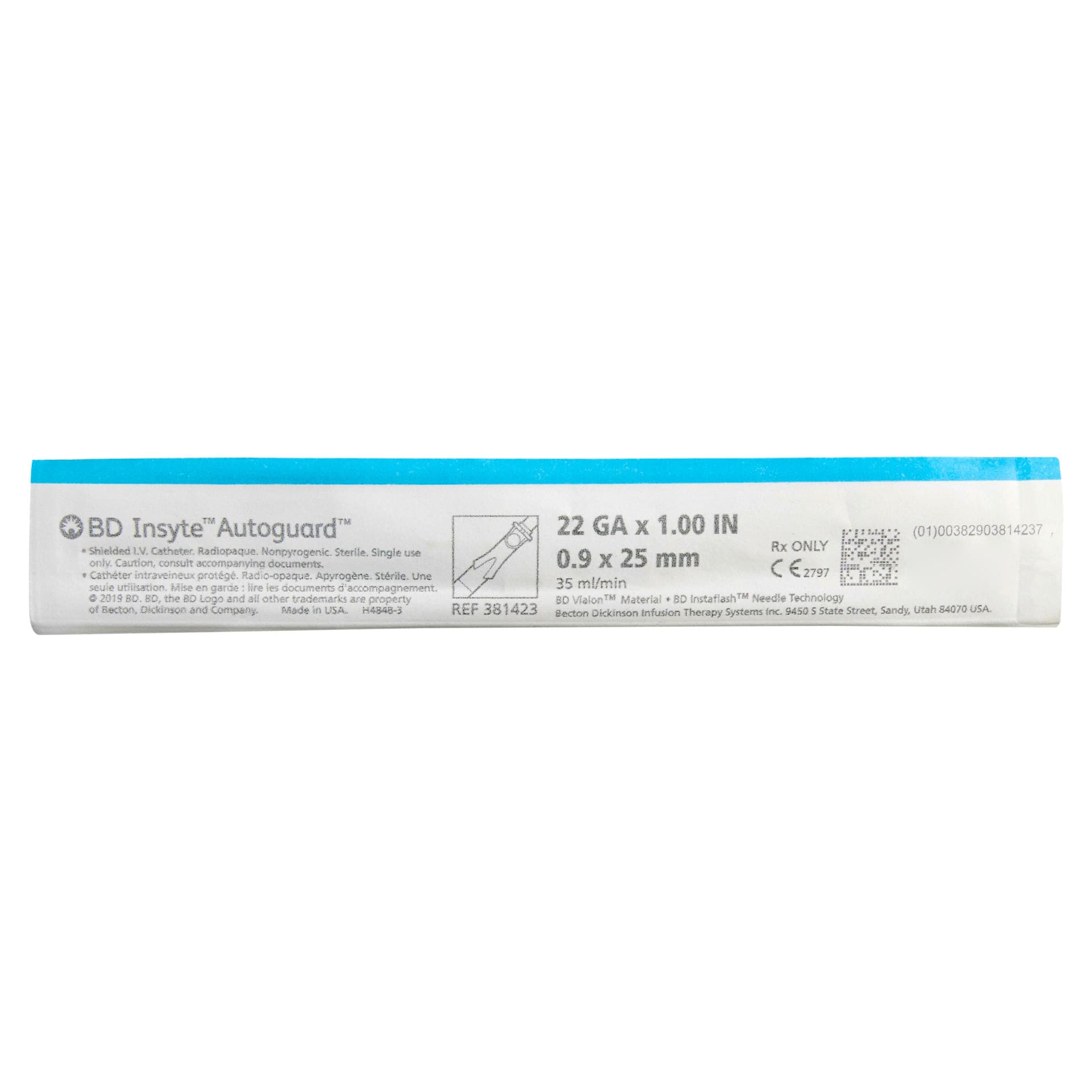 BD Insyte Autoguard Vialon Shielded Peripheral IV Catheter, 22 Gauge, 1 Inch - Each - Image 1