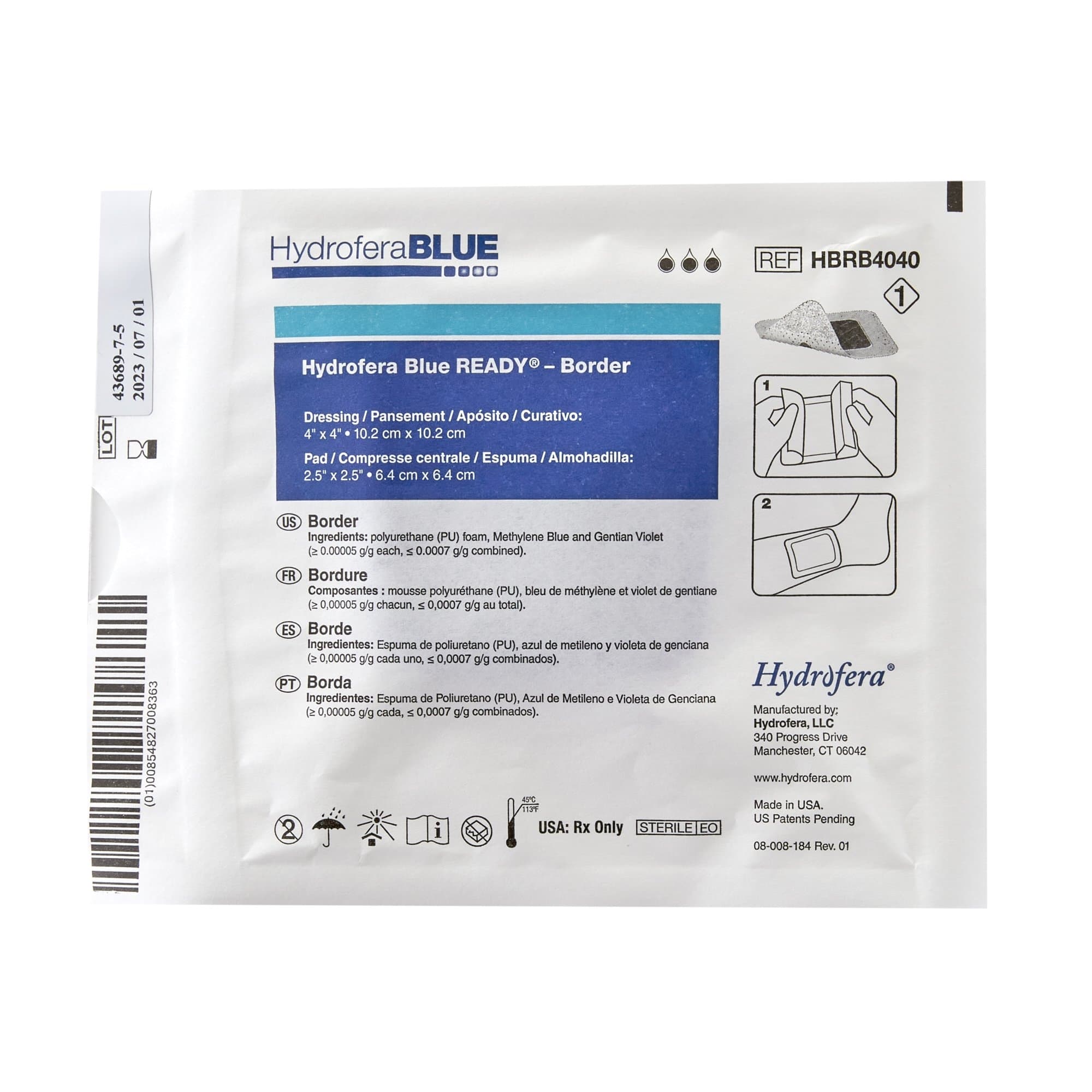 Hydrofera Blue Ready Border Antibacterial Foam Dressing, 4 x 4 Inch - Each - Image 1