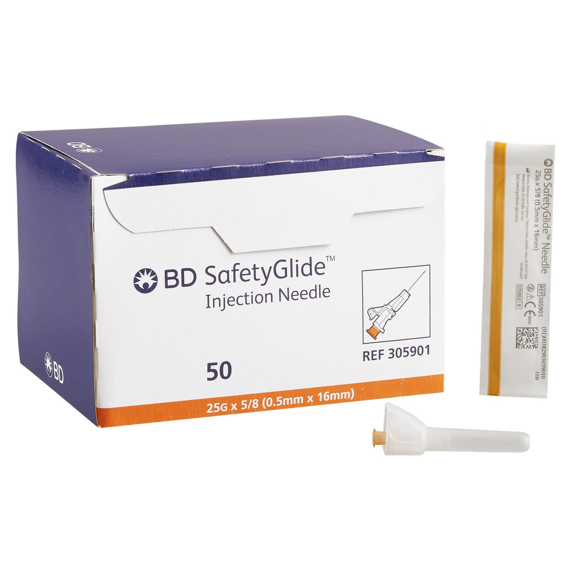 BD SafetyGlide Hypodermic Needle, 25 Gauge, 5/8 Inch - Box of 50 - Image 1