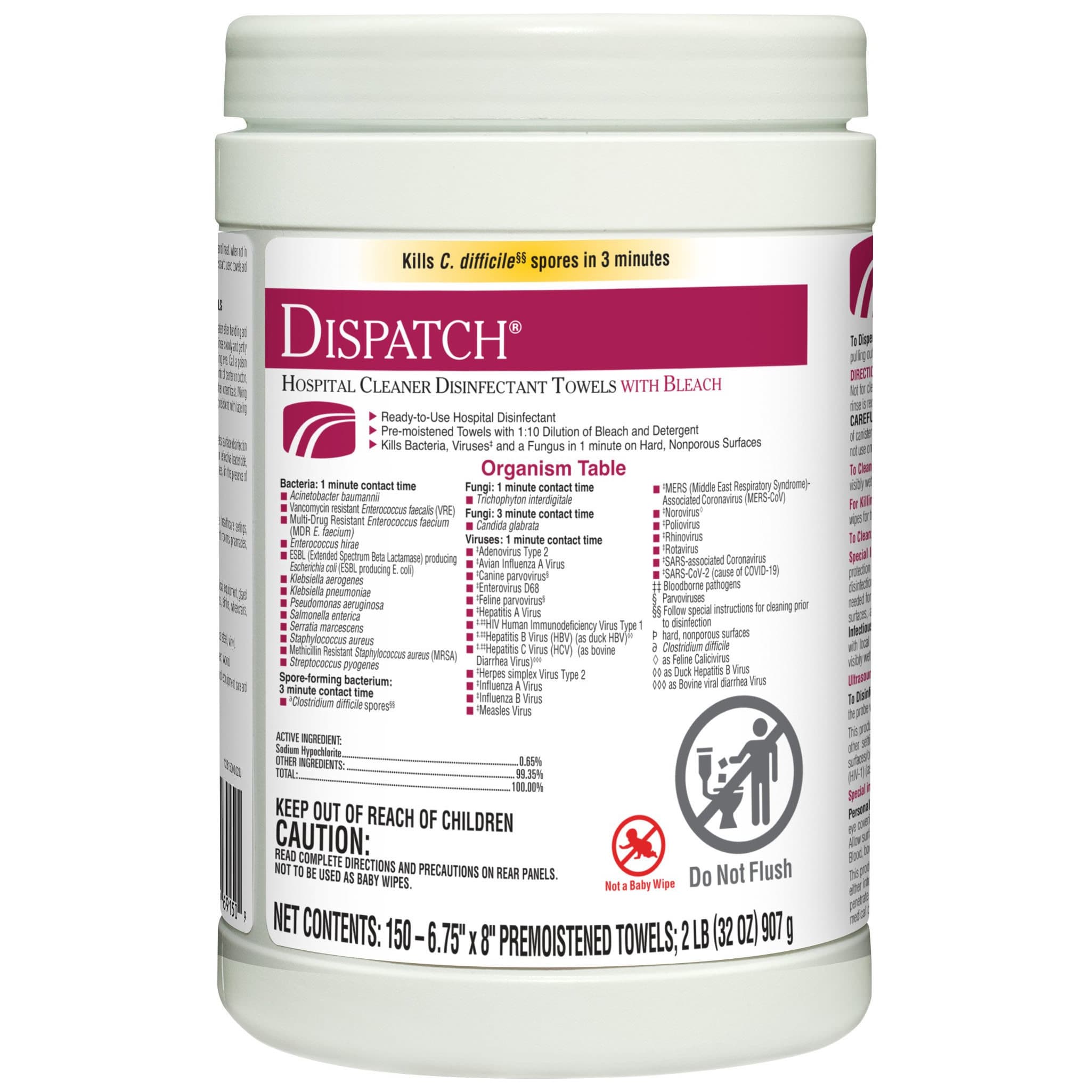 Dispatch with Bleach Surface Disinfectant Cleaner Canister Wipe, 6-3/4 x 8 Inch - Package of 150 - Image 1