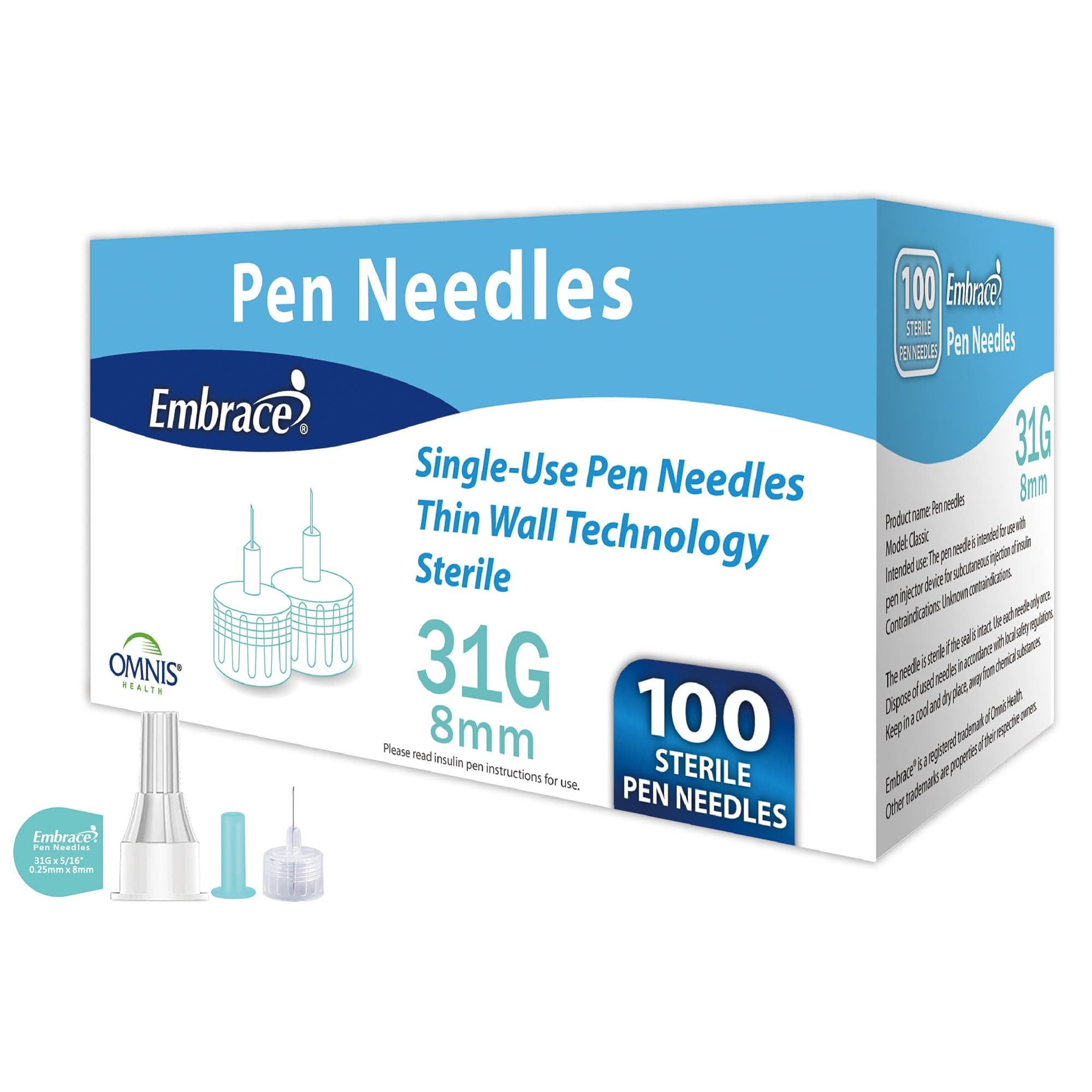 Embrace Safety Insulin Pen Needle, 31 Gauge, 8 mm - Box of 100 - Image 1