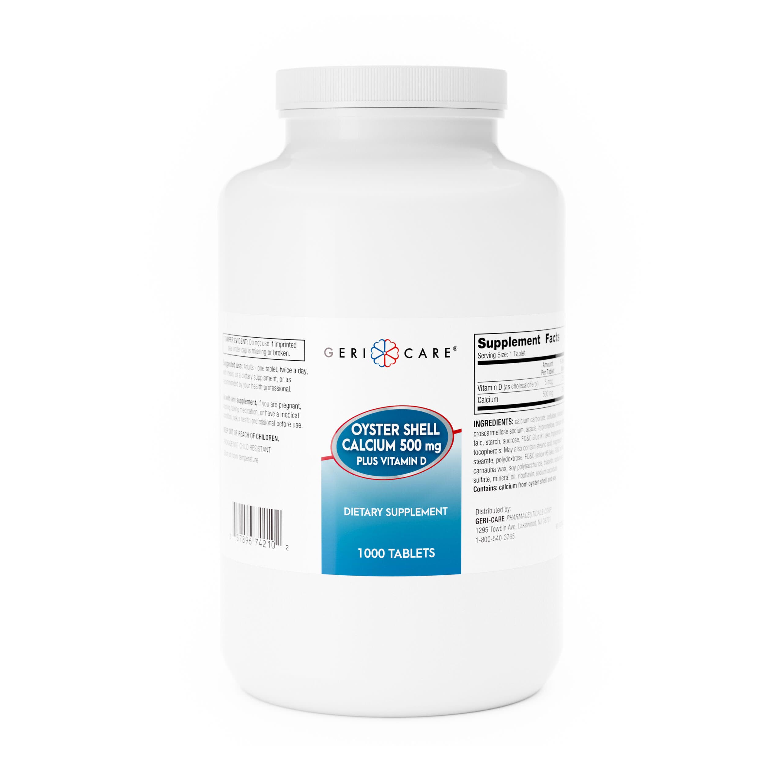 Geri-Care Oyster Shell Calcium 500mg Plus Vitamin D Supplement Tablets - Case of 12000 - Image 1