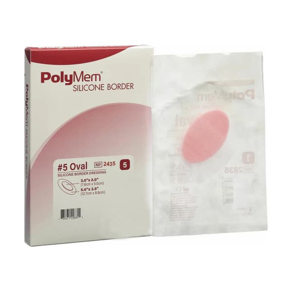 PolyMem Oval Shape Silicone Border Foam Dressing, 3.5 x 5 Inch - Case of 25 - Image 1