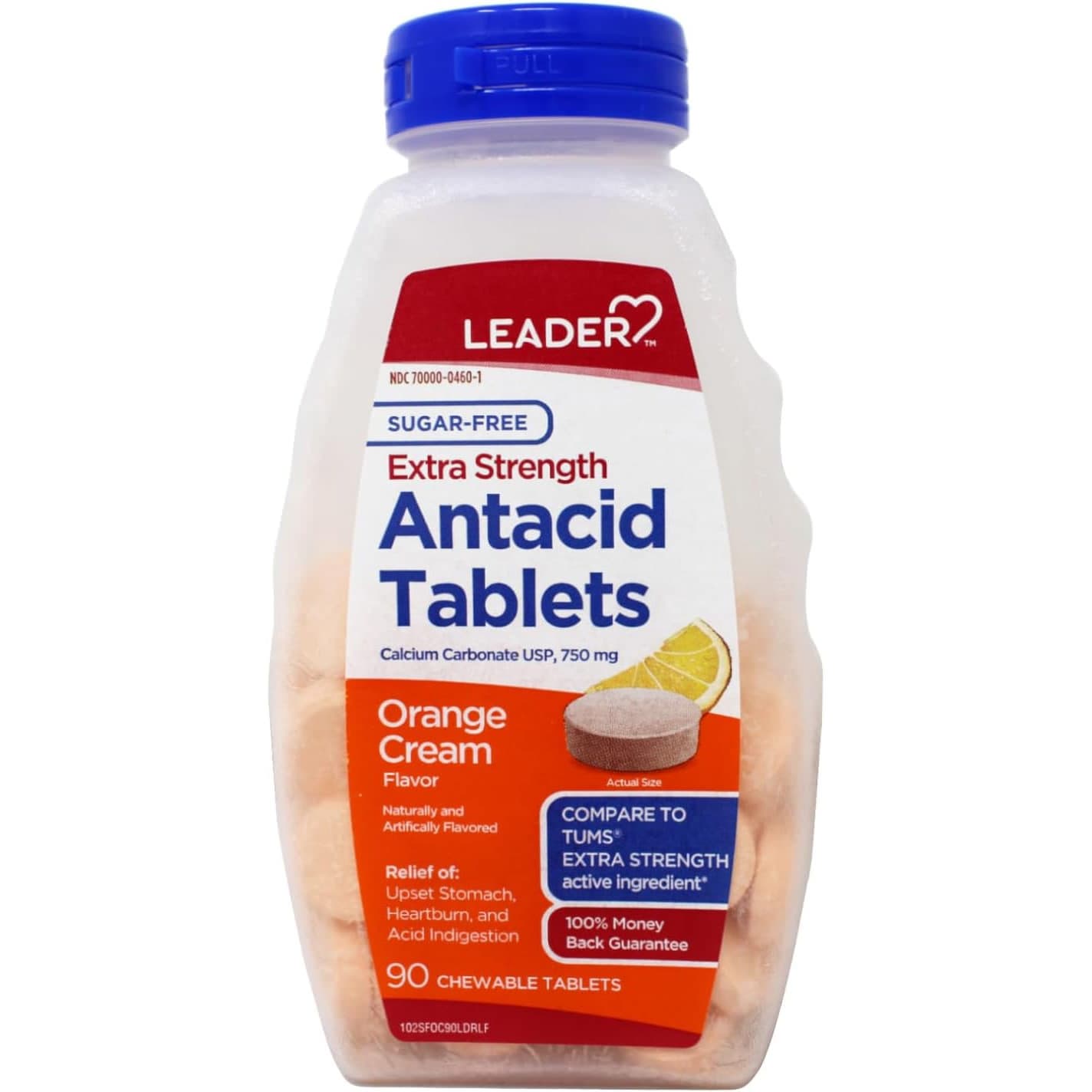 Leader Extra Strength Antacid, Chewable Tablets, Orange Cream, Sugar Free, 750 mg, 90 Count - Each