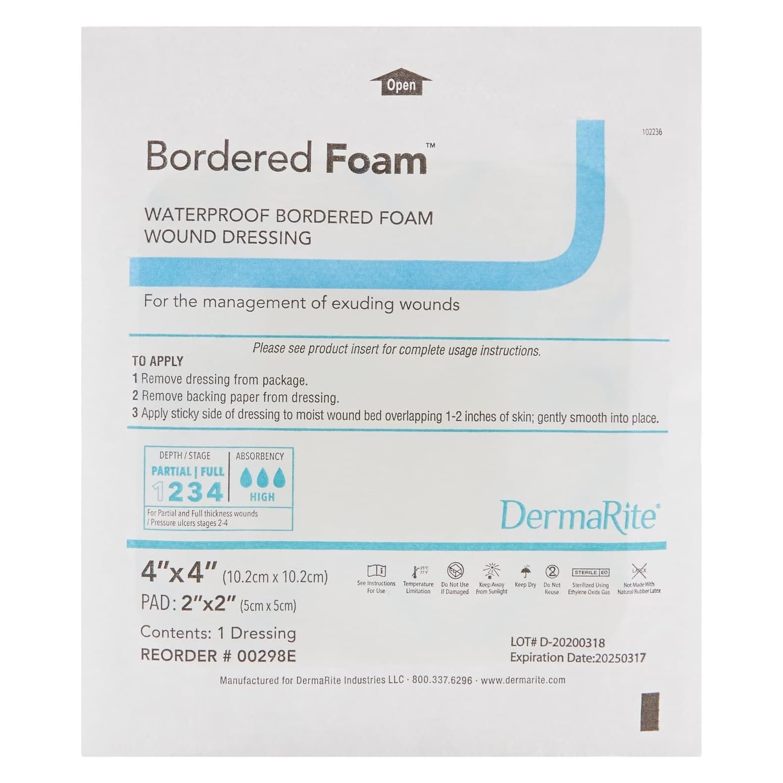 DermaRite Bordered Foam Waterproof Adhesive Wound Dressing, 4 x 4 Inch - Each - Image 1