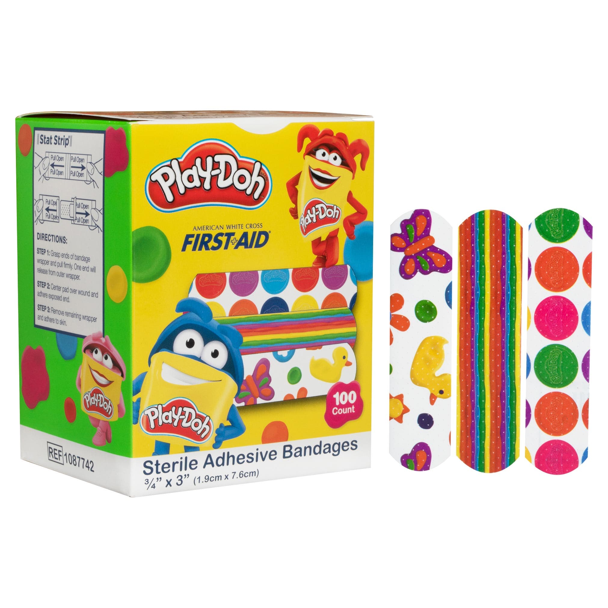 Dukal American White Cross Stat Strip Adhesive Bandages, Play Doh, 3/4 x 3 Inch - Box of 100 - Image 1