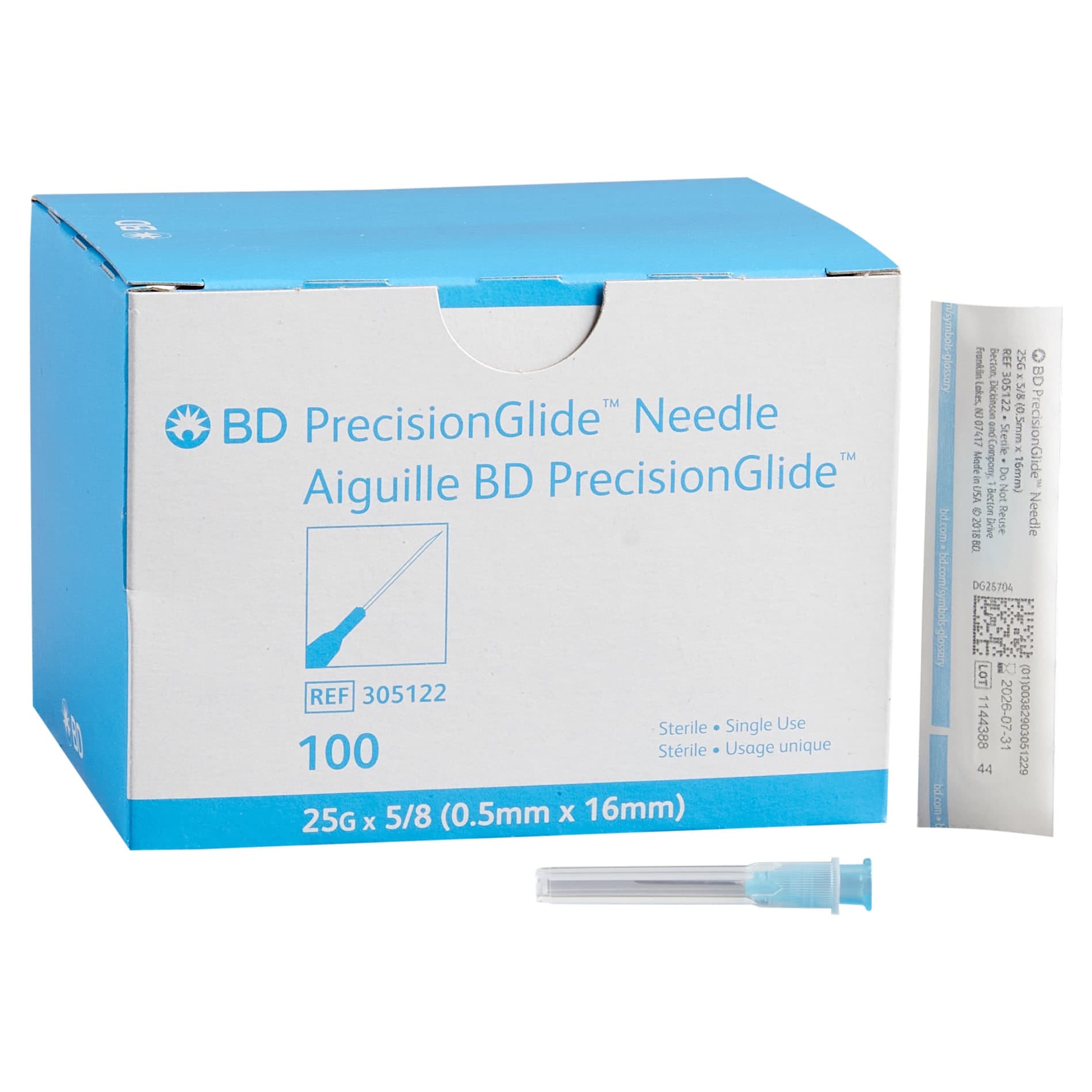 BD Regular Bevel Conventional Hypodermic Needle, 25 Gauge, 5/8 Inch - Box of 100 - Image 1