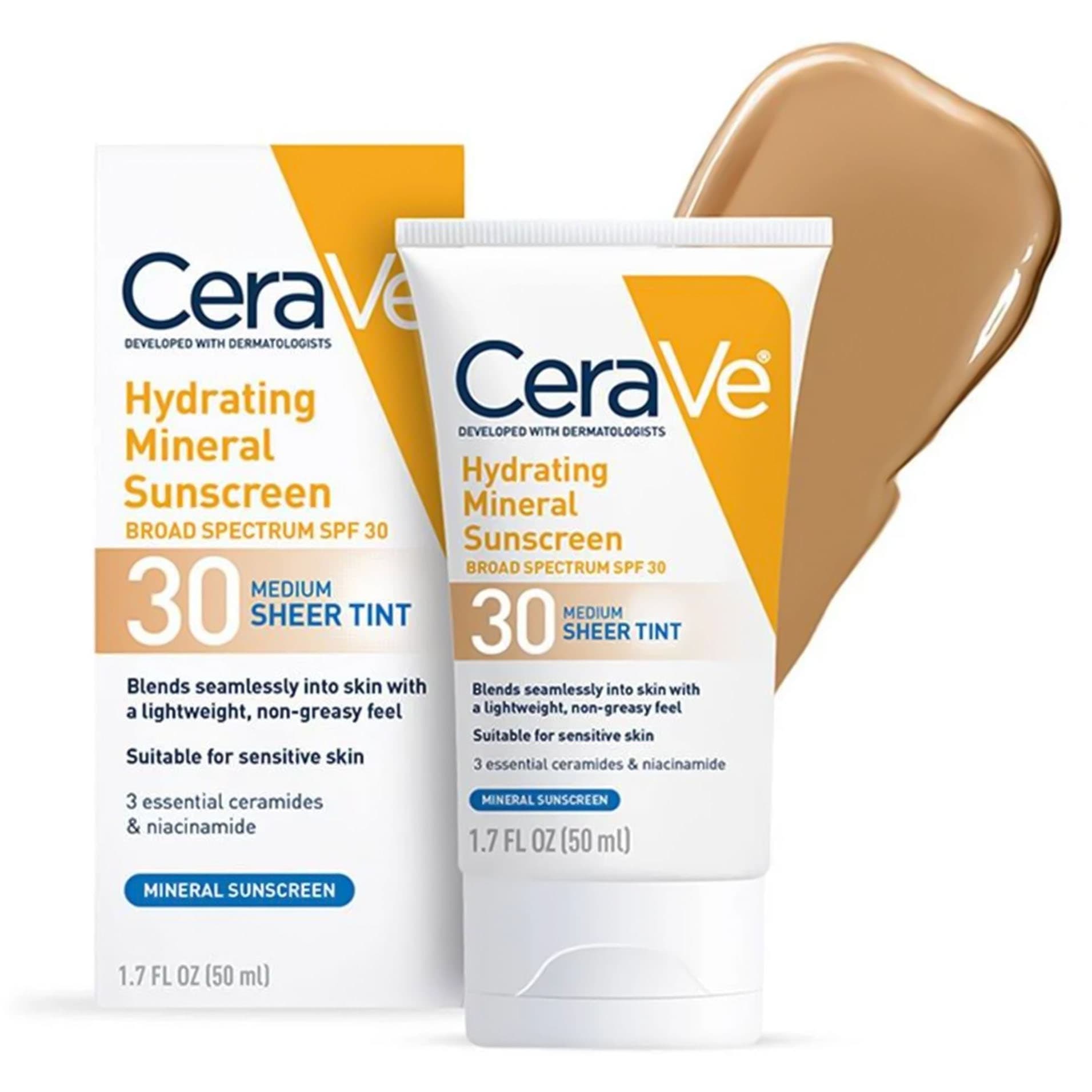 CeraVe Hydrating Mineral Sunscreen SPF 30, Medium Sheer Tint, 1.7 oz - Each