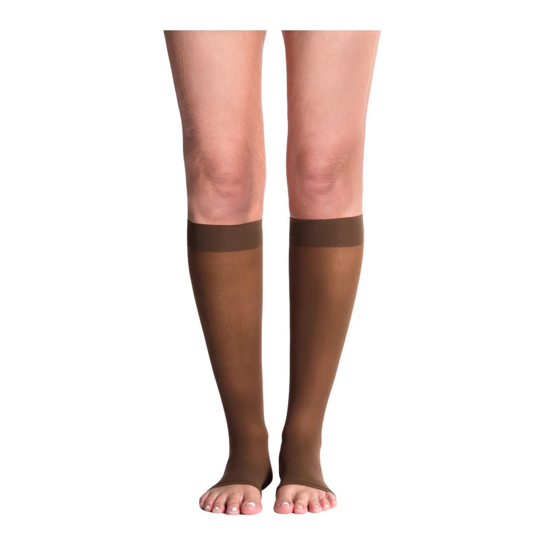 Sigvaris Women's Style Sheer Calf High Compression Socks Open Toe, 30-40mmHg Small-Long, Mocha - Pair - Image 1
