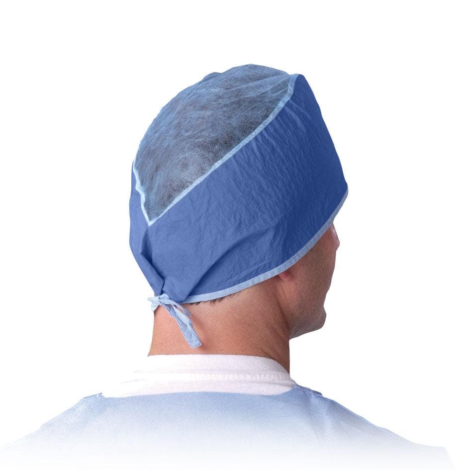Medline Sheer-Guard Disposable Tie-Back Surgeon Caps, Multilayer Material, Blue - Box of 100 - Image 1