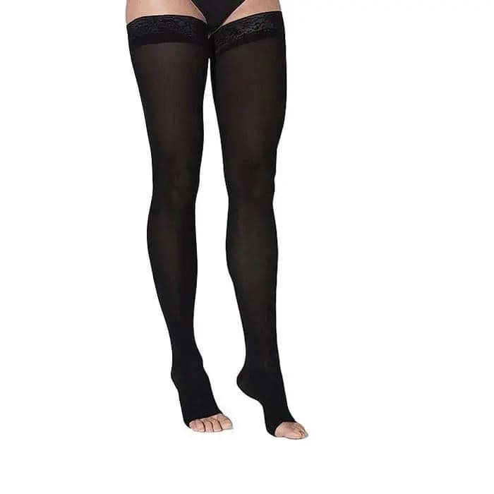 Sigvaris Womens Style Soft Opaque Thigh High Compression Stockings 15-20 mmHg, Open Toe, Large-Short, Black - Pair - Image 1