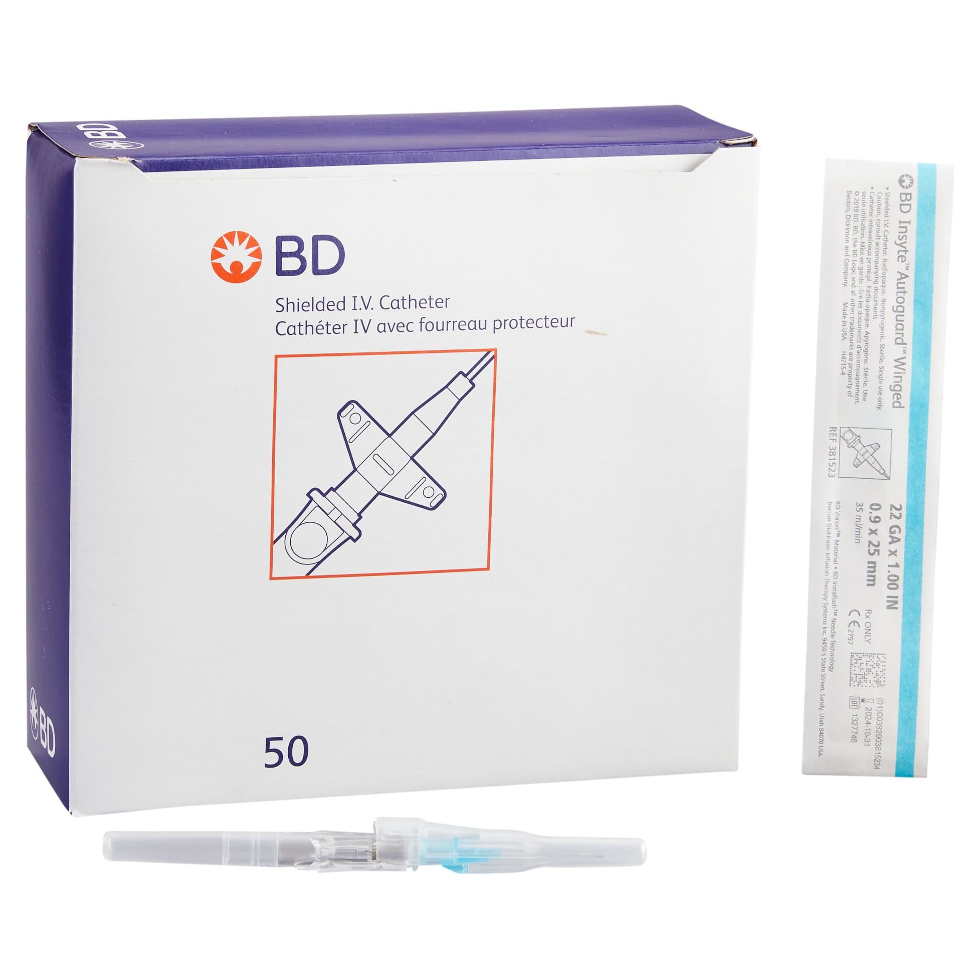 BD Insyte Autoguard Winged Shielded IV Catheters, Blue, 22 Gauge, 1 Inch - Box of 50 - Image 1