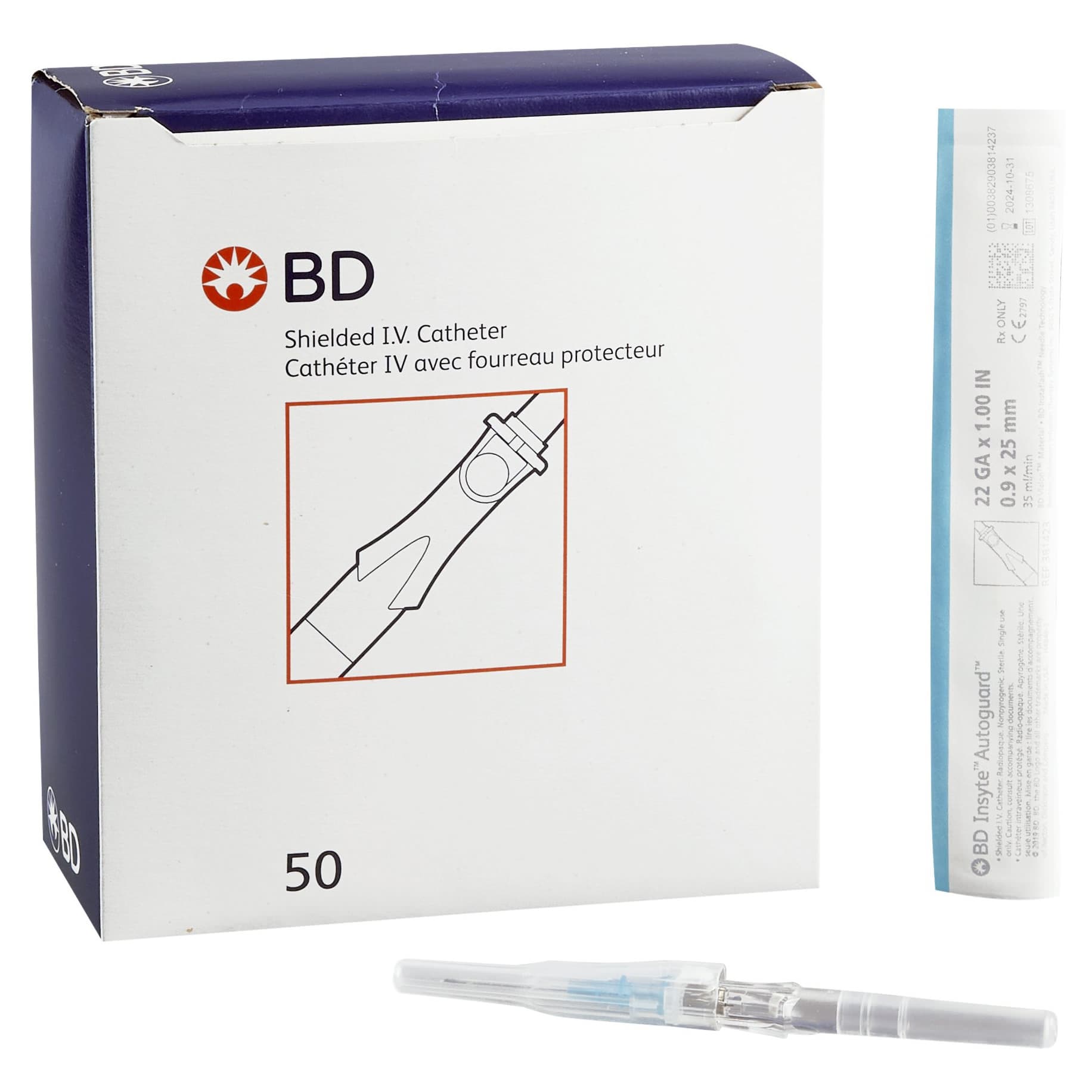 BD Insyte Autoguard Vialon Shielded Peripheral IV Catheter, 22 Gauge, 1 Inch - Box of 50 - Image 1