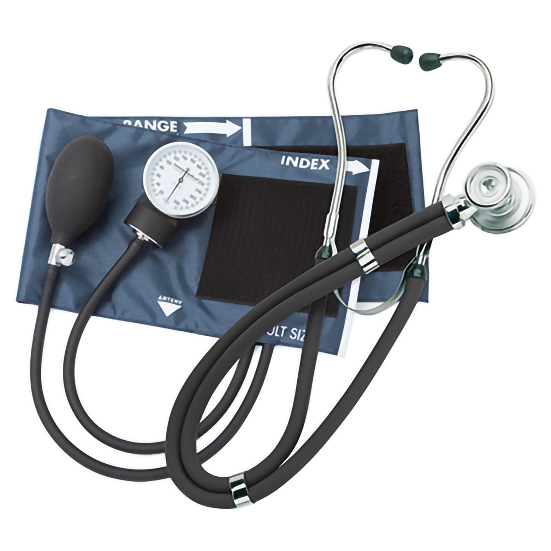 McKesson Reusable Aneroid Stethoscope Set Pocket Aneroid Nylon Cuff, Black-Blue, Dual Head Sprague - Case of 12 - Image 1