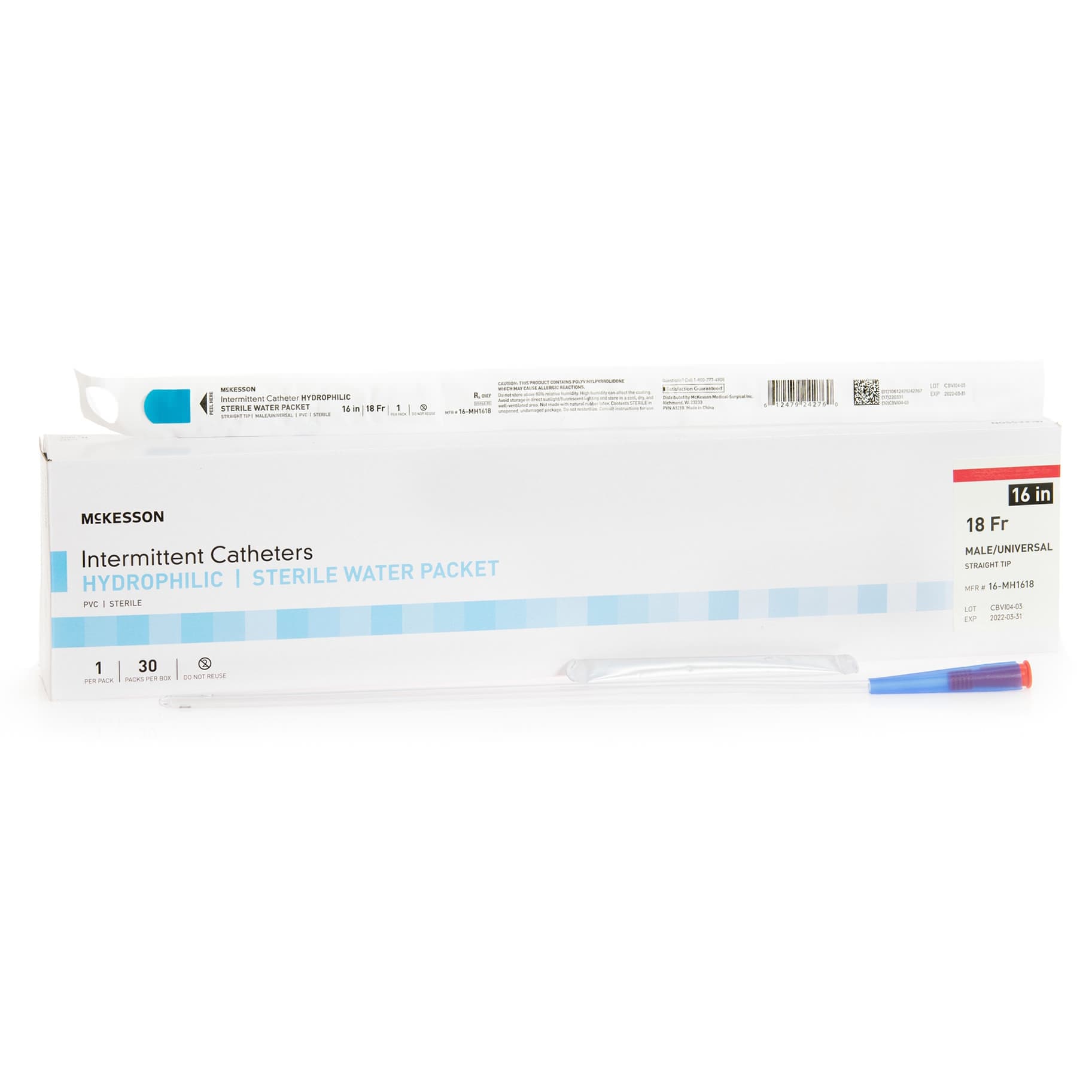 McKesson Intermittent Catheter with Hydrophilic Coating For Men, Straight Tip, 18 Fr, 16 Inch - Box of 30 - Image 1