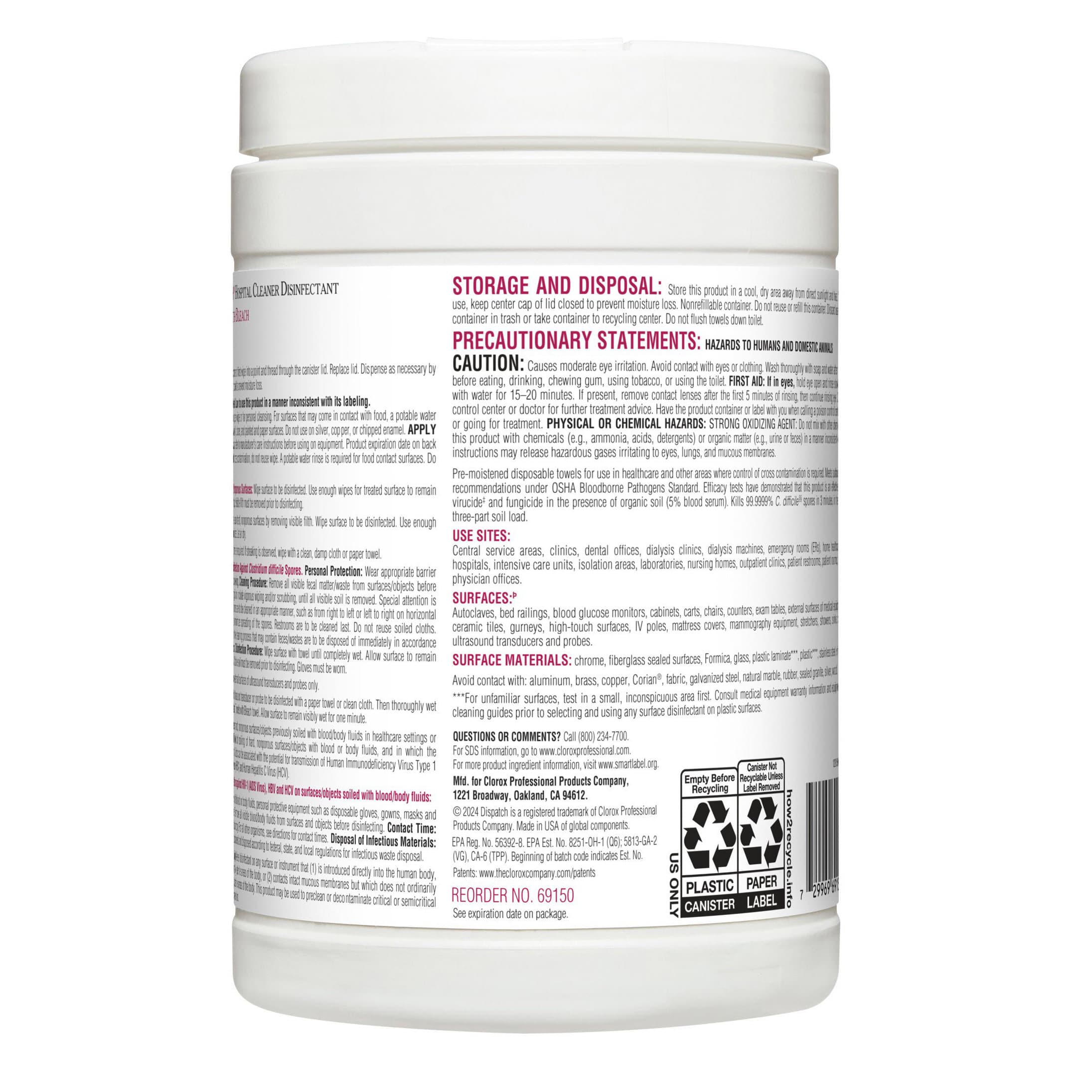 Dispatch with Bleach Surface Disinfectant Cleaner Canister Wipe, 6-3/4 x 8 Inch - Image 2