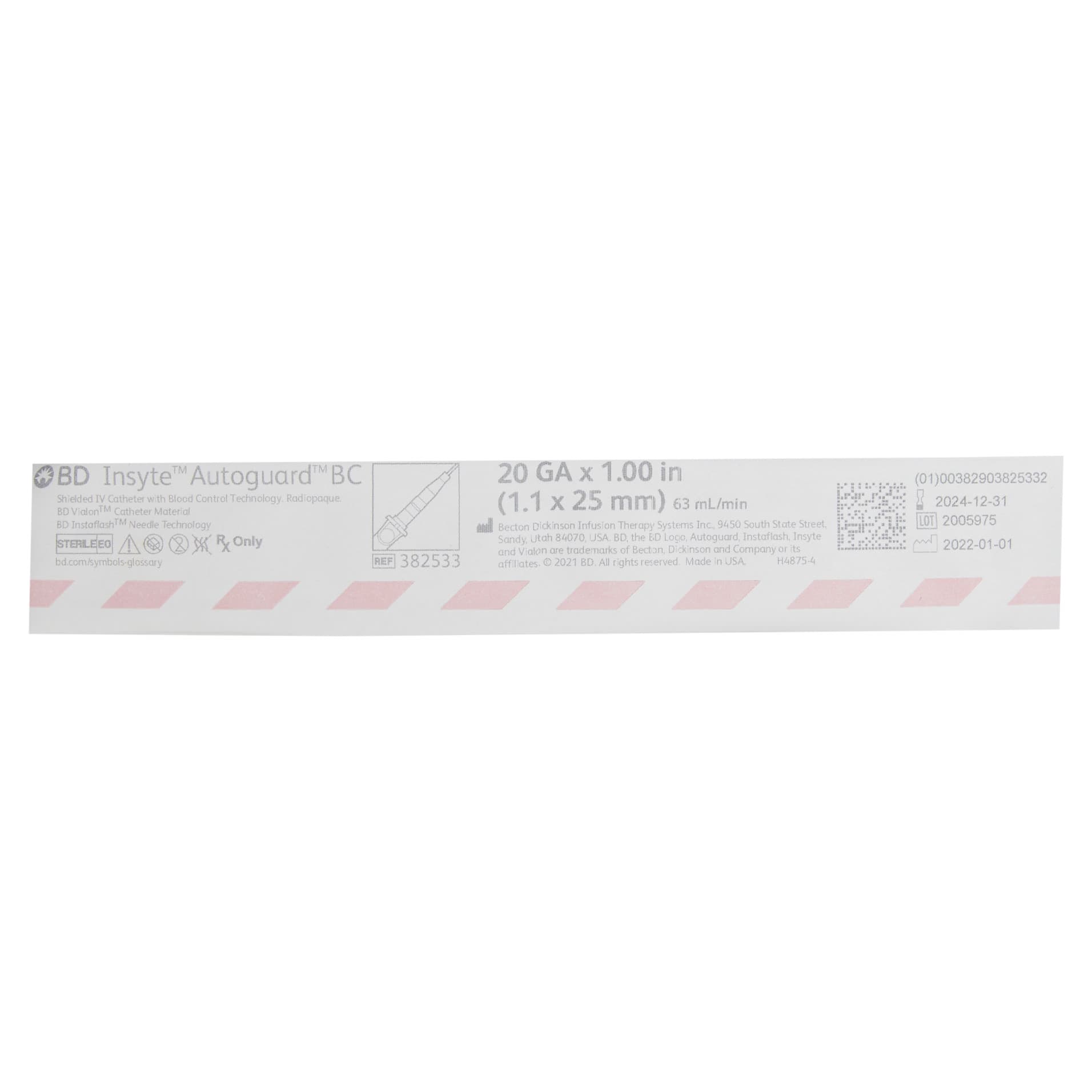 BD Insyte Autoguard Peripheral IV Catheter, Pink, 20 Gauge, 1 Inch - Each - Image 1