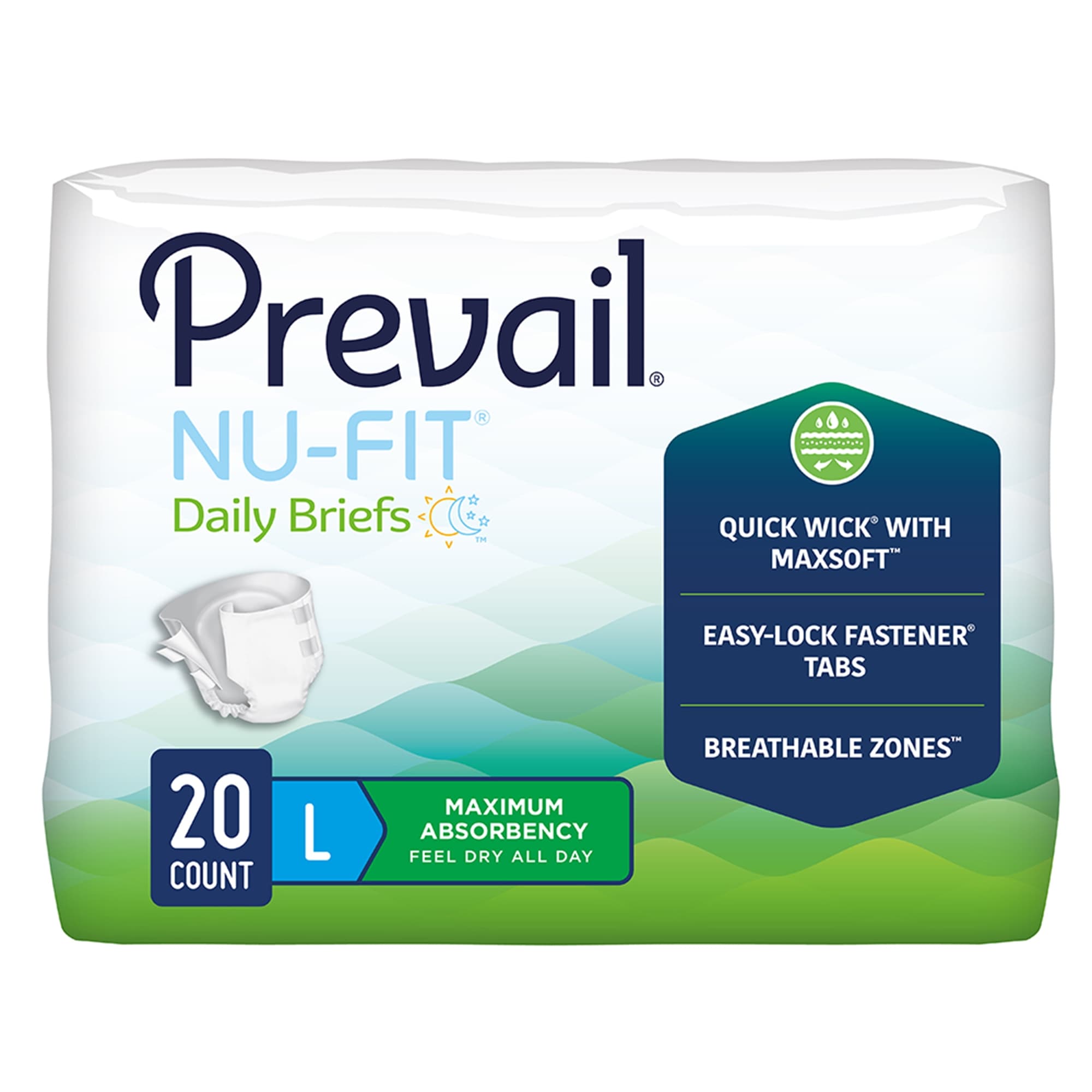 Prevail Nu-Fit Incontinence Adult Daily Briefs, Large - Bag of 20 - Image 1