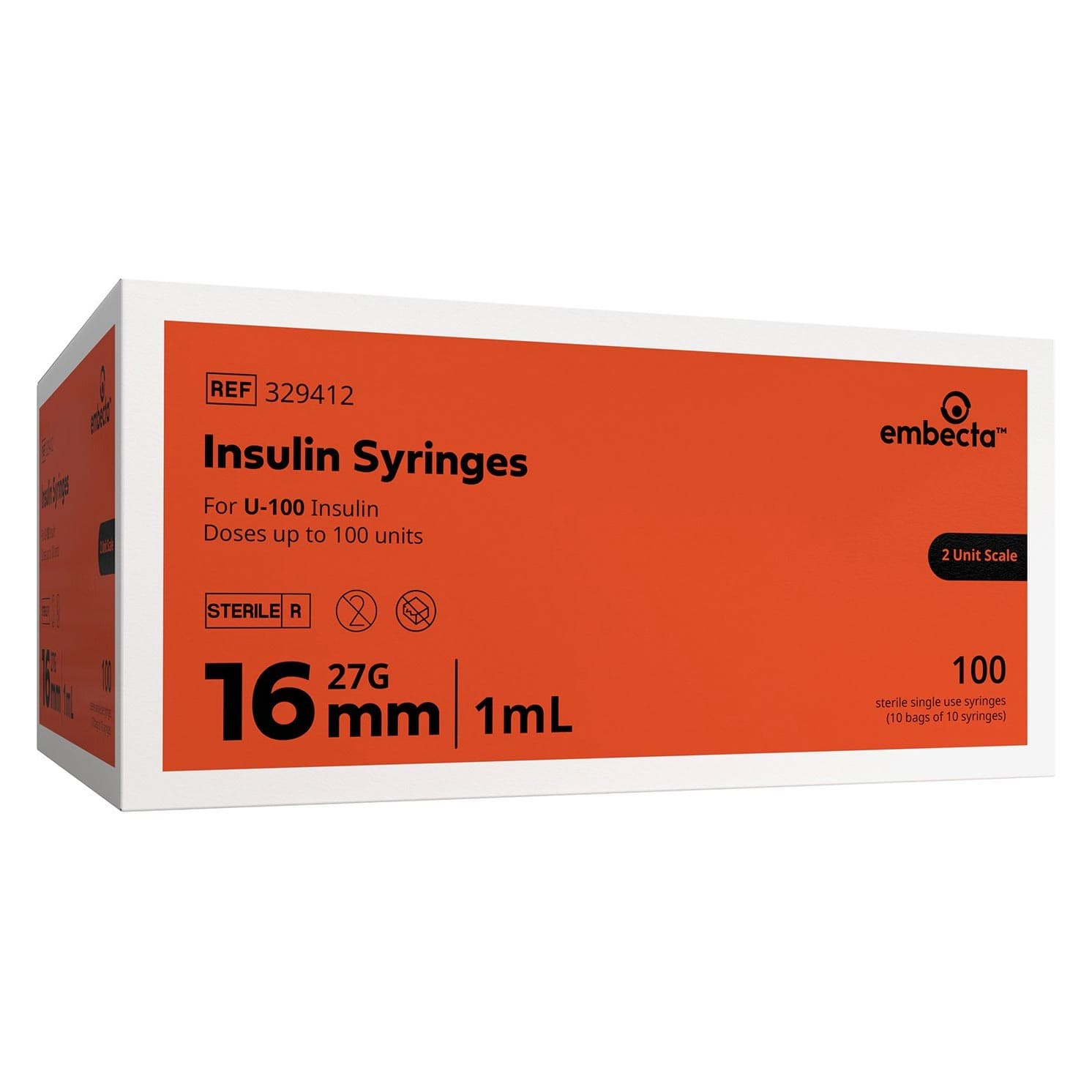 Embecta Micro-Fine Standard Insulin Syringes with Needle, 27G x 5/8″ - Box of 100 - Image 1