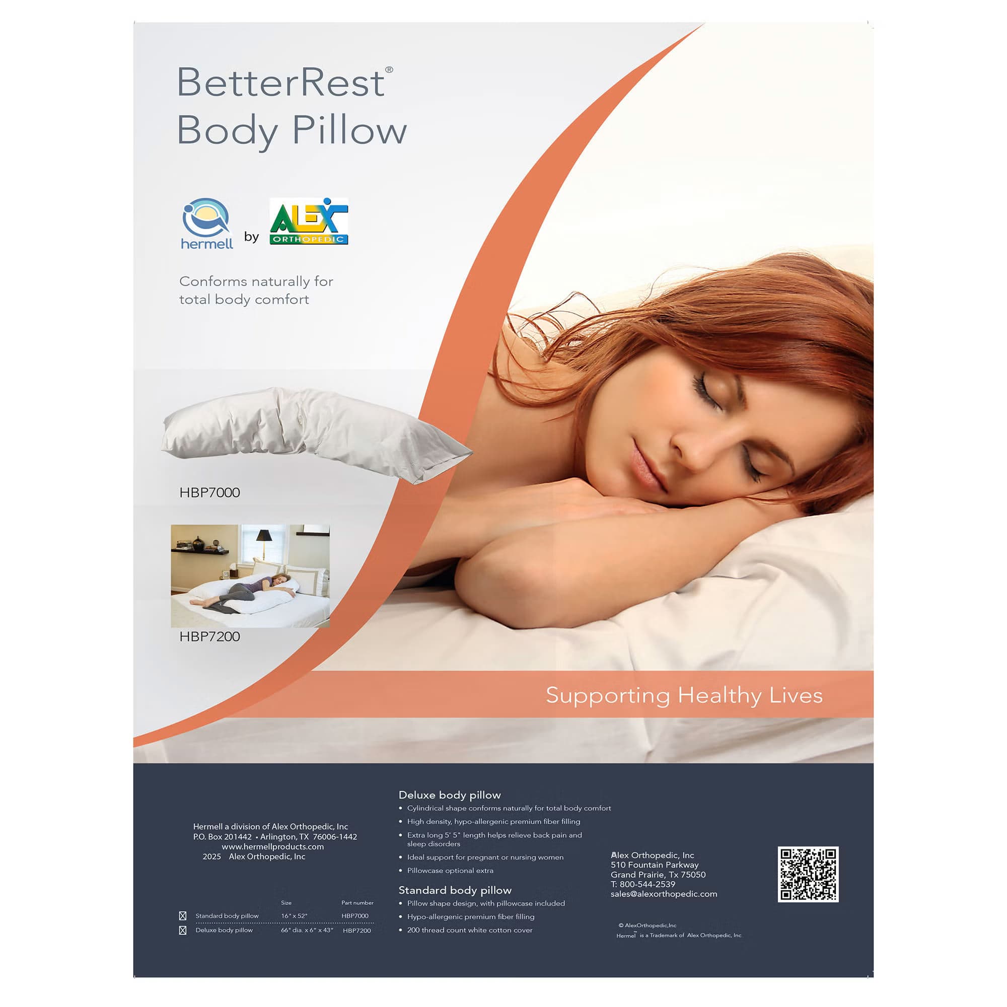 Hermell Body Support Pillow with Cover, 52" x 16", White - Image 3