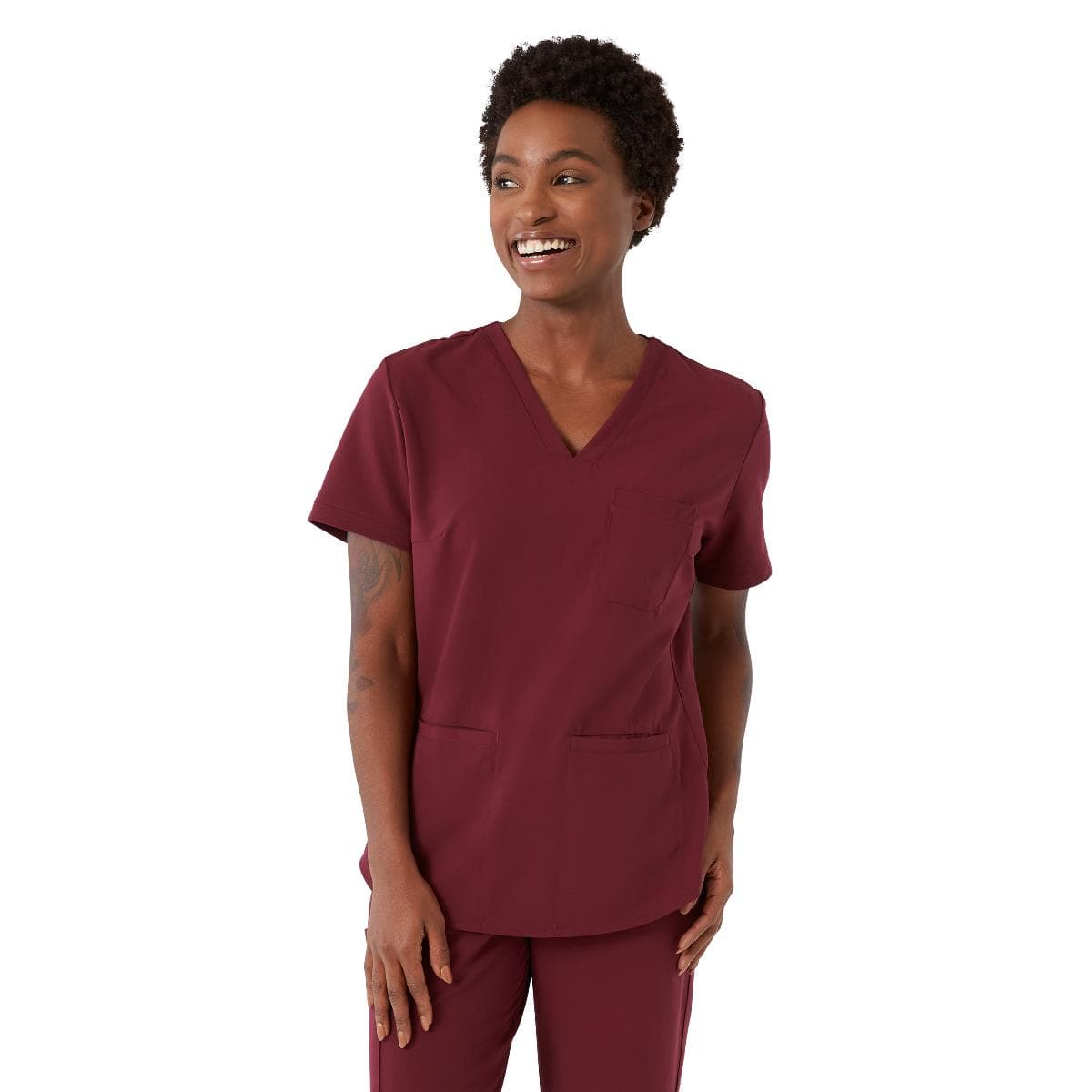 Medline Lexington AVE Women's V-Neck Scrub Tops with 3 Pockets, Wine, 2XSmall - Image 1