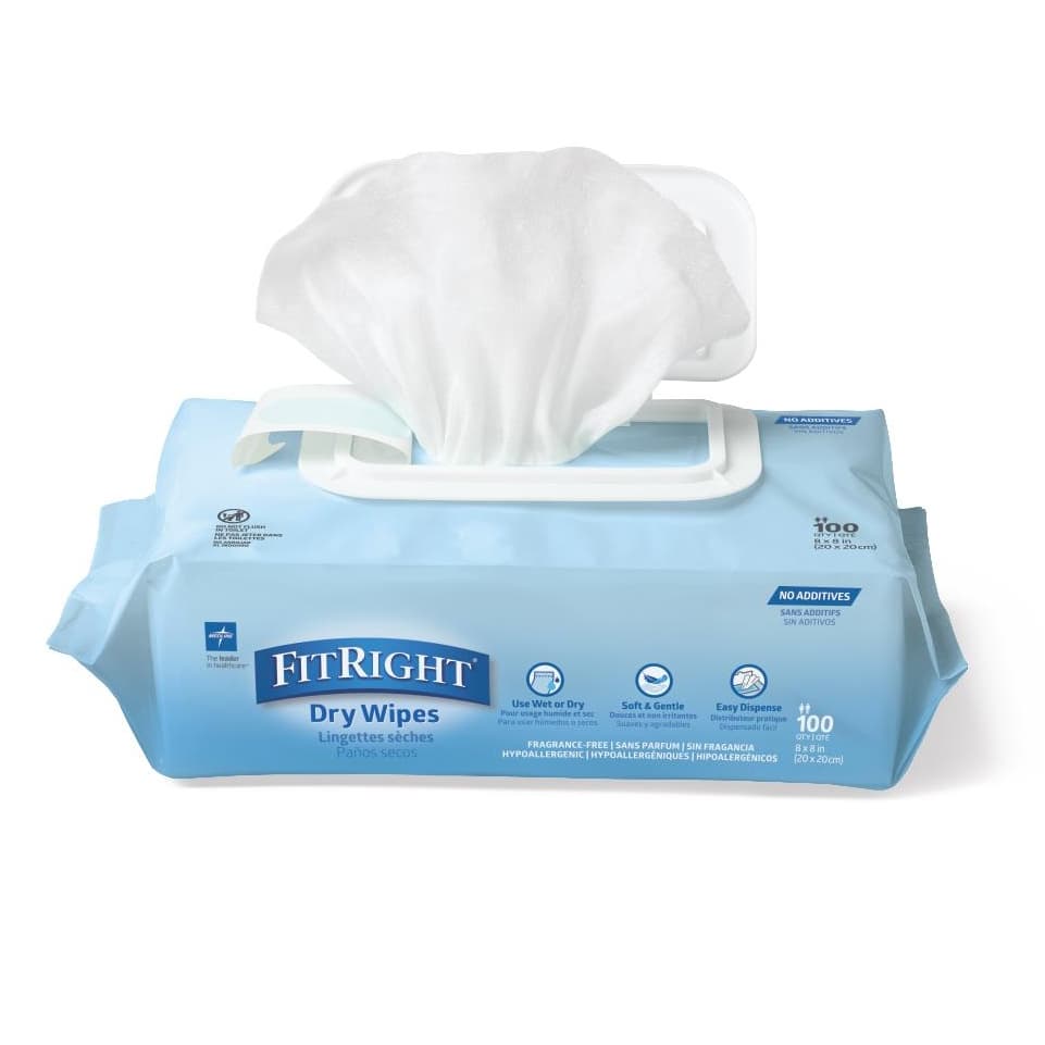 FitRight UltraSoft Dry Personal Wipes, 8 x 8 Inch - Case of 1200 - Image 1