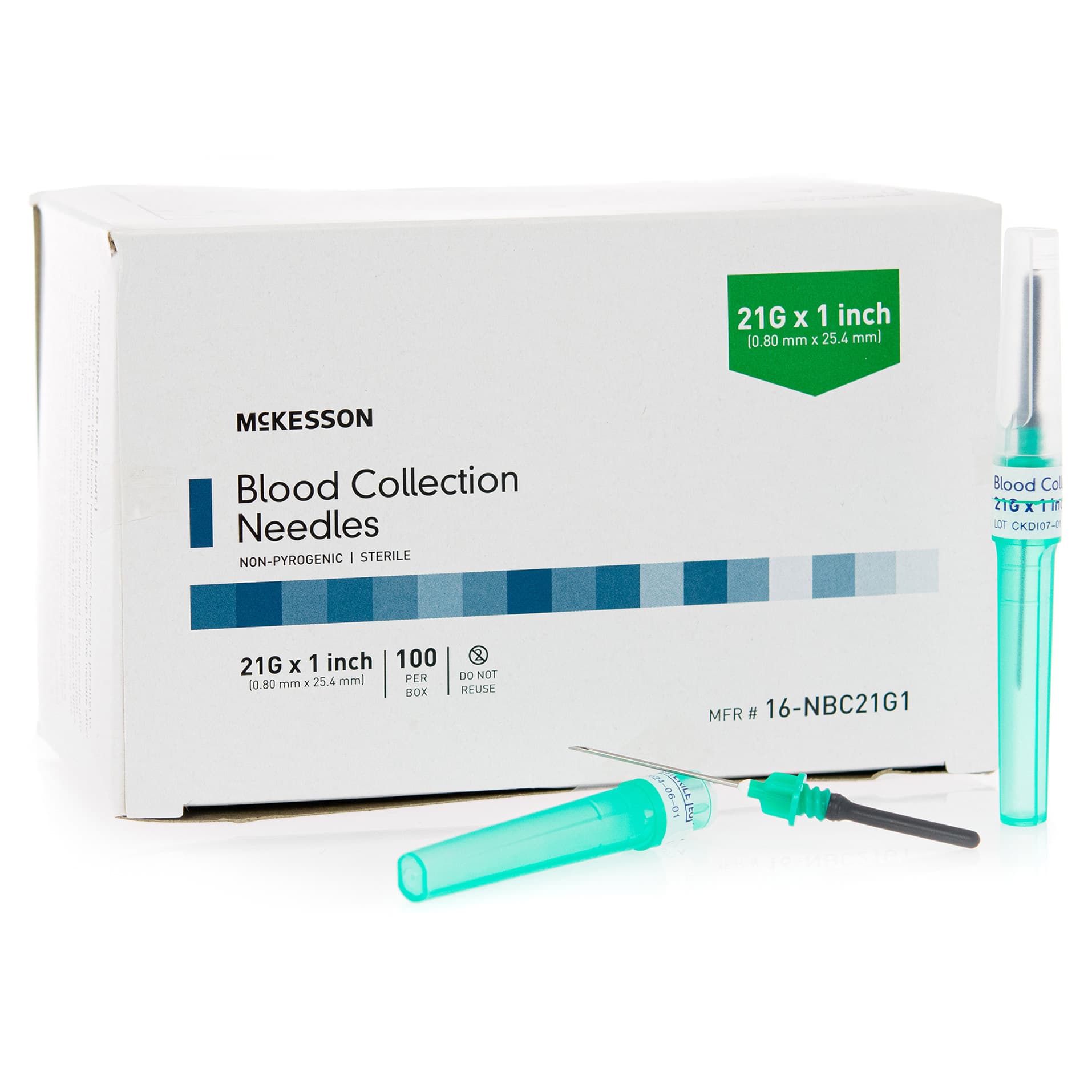 McKesson Blood Collection Needle, Sterile, Green, 21 Gauge - Box of 100 - Image 1