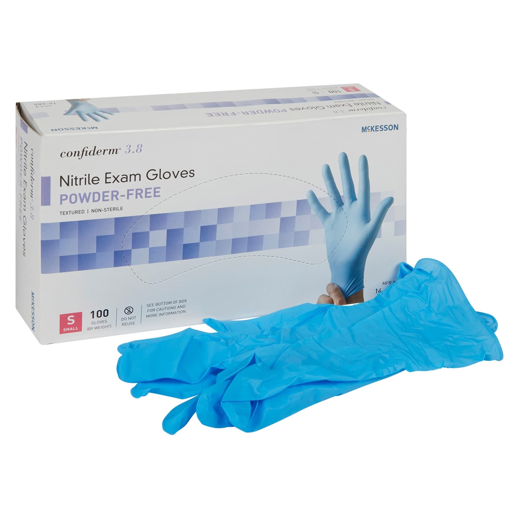 McKesson Confiderm 3.8 Nitrile Powder Free Exam Gloves, Blue, Small - Box of 100 - Image 1