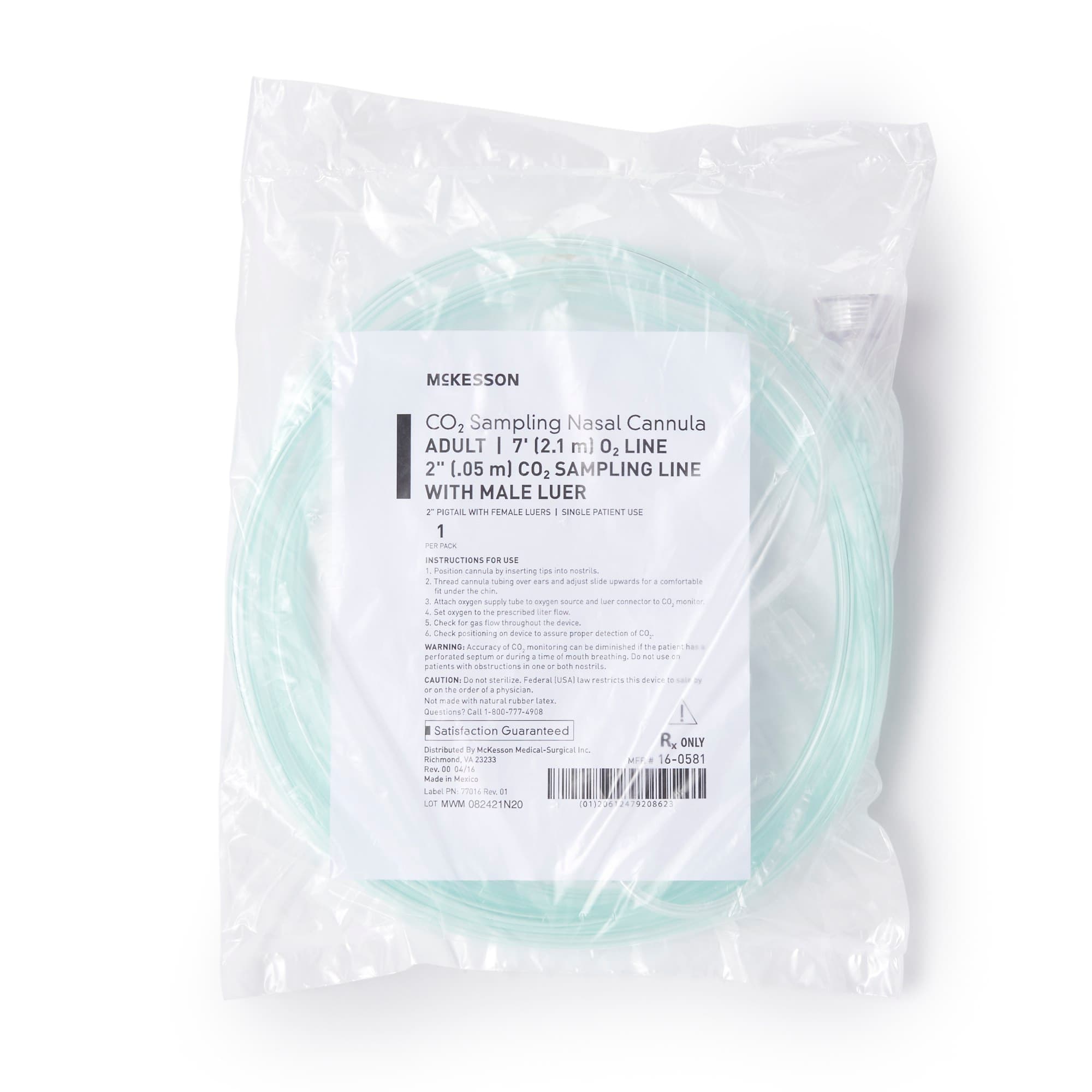 McKesson ETCO2 Nasal Sampling Cannula with 7 Foot O2 Delivery Tube, Green, Male Luer Connector, 2 Inch Pigtail Female Luer Connector - Each - Image 1