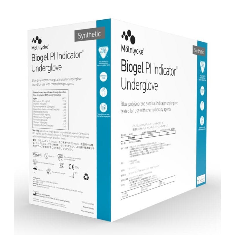 Biogel PI Indicator Underglove Surgical Underglove Blue Beaded Cuff Standard, Size 8 - Box of 50 - Image 1