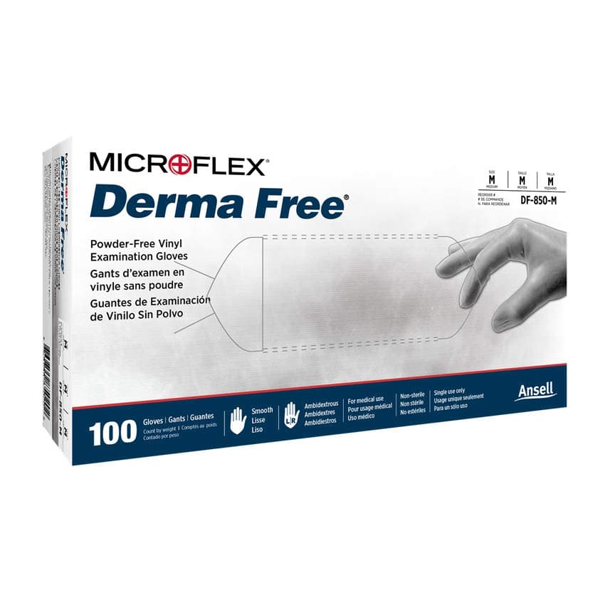 Microflex Medical Derma Free Vinyl Exam Gloves, Medium - Box of 100 - Image 1